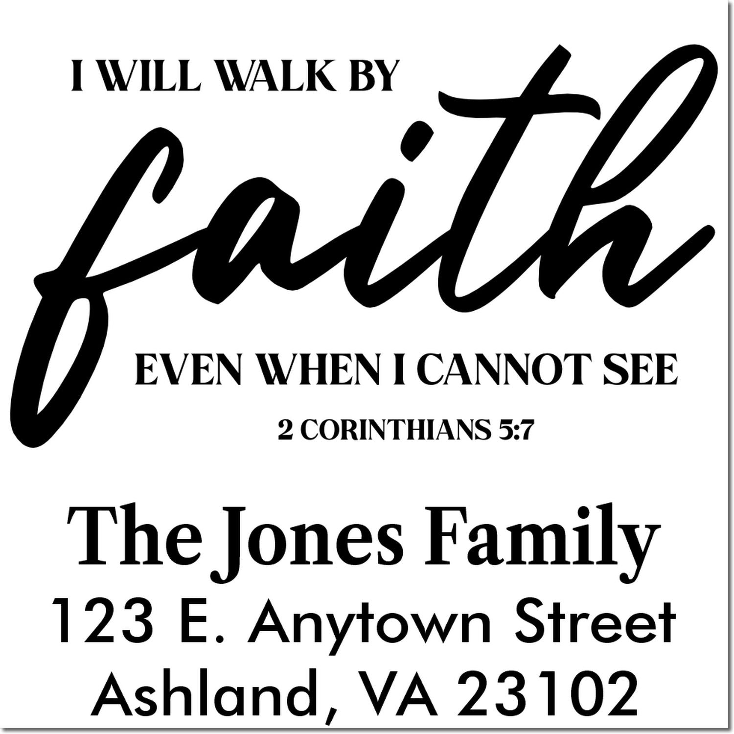 Christian family address stamp with 2 Corinthians 5:7, The Jones Family, and return address in Ashland, VA.