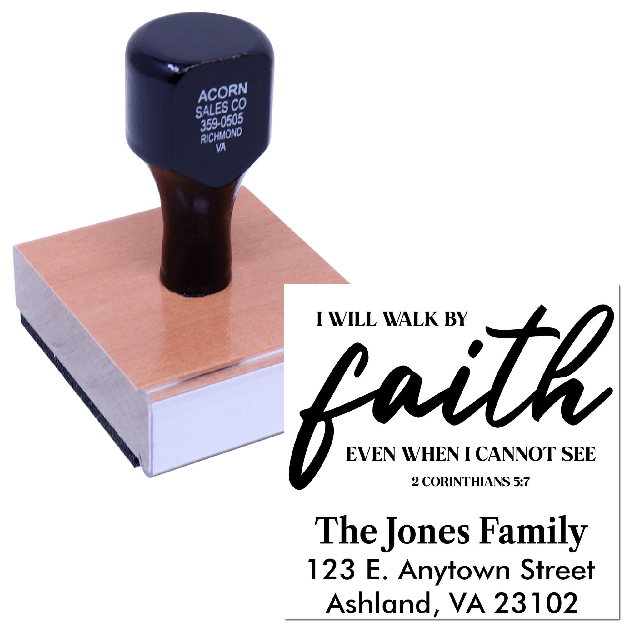 Custom address rubber stamp with Bible verse and family name for faith-based mailings.
