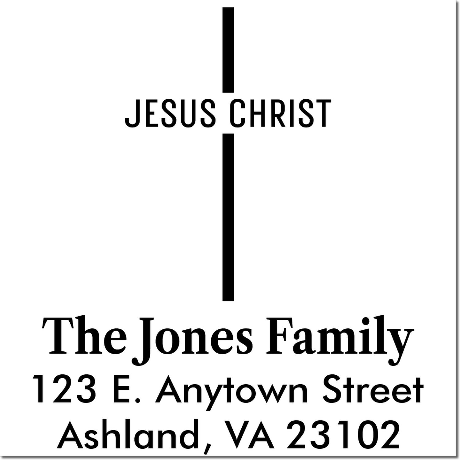 Christian return address rubber stamp for The Jones Family with Jesus Christ cross design, Ashland, VA 23102.