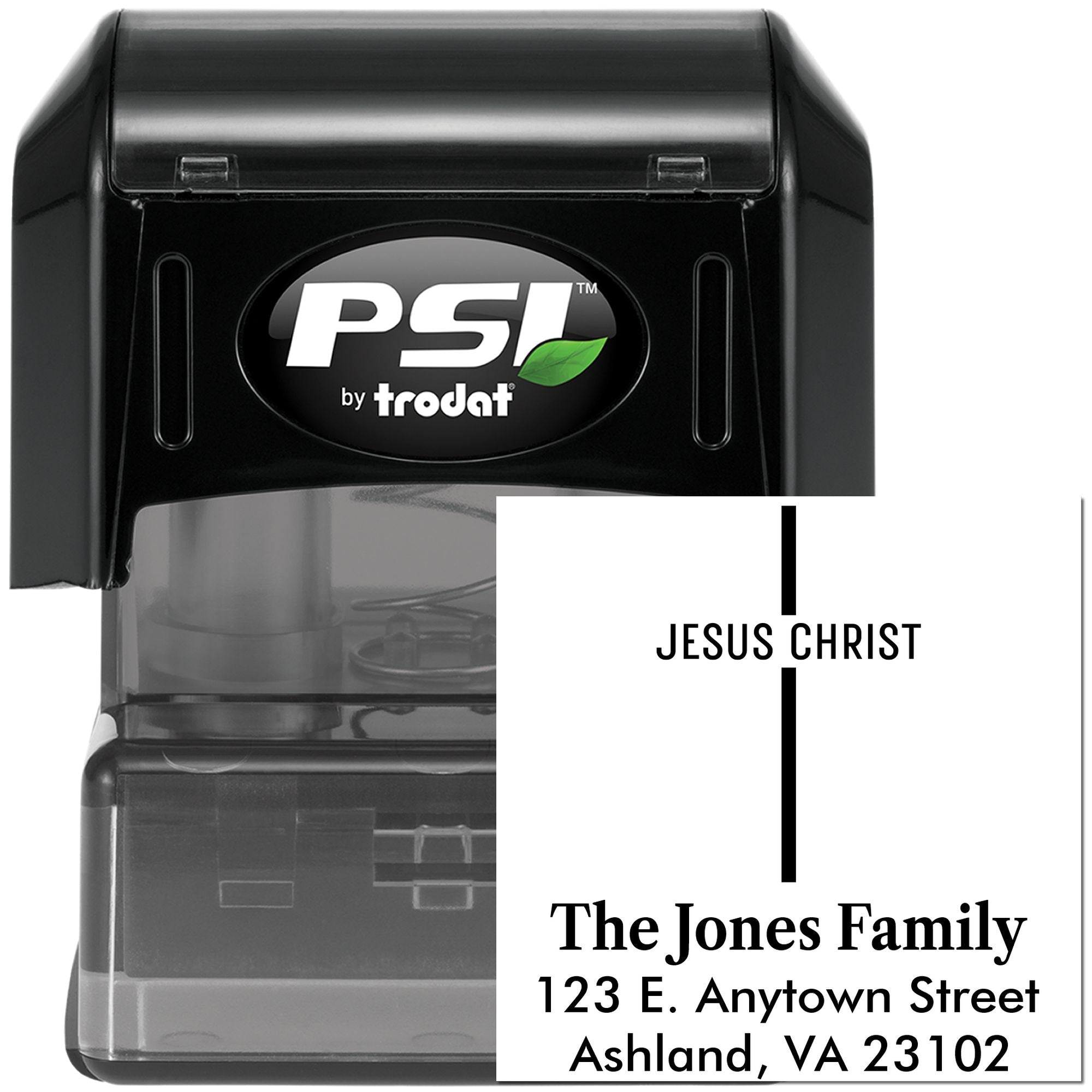 Custom self-inking rubber stamp by PSI Trodat with Christian cross, Jesus Christ, and The Jones Family address.