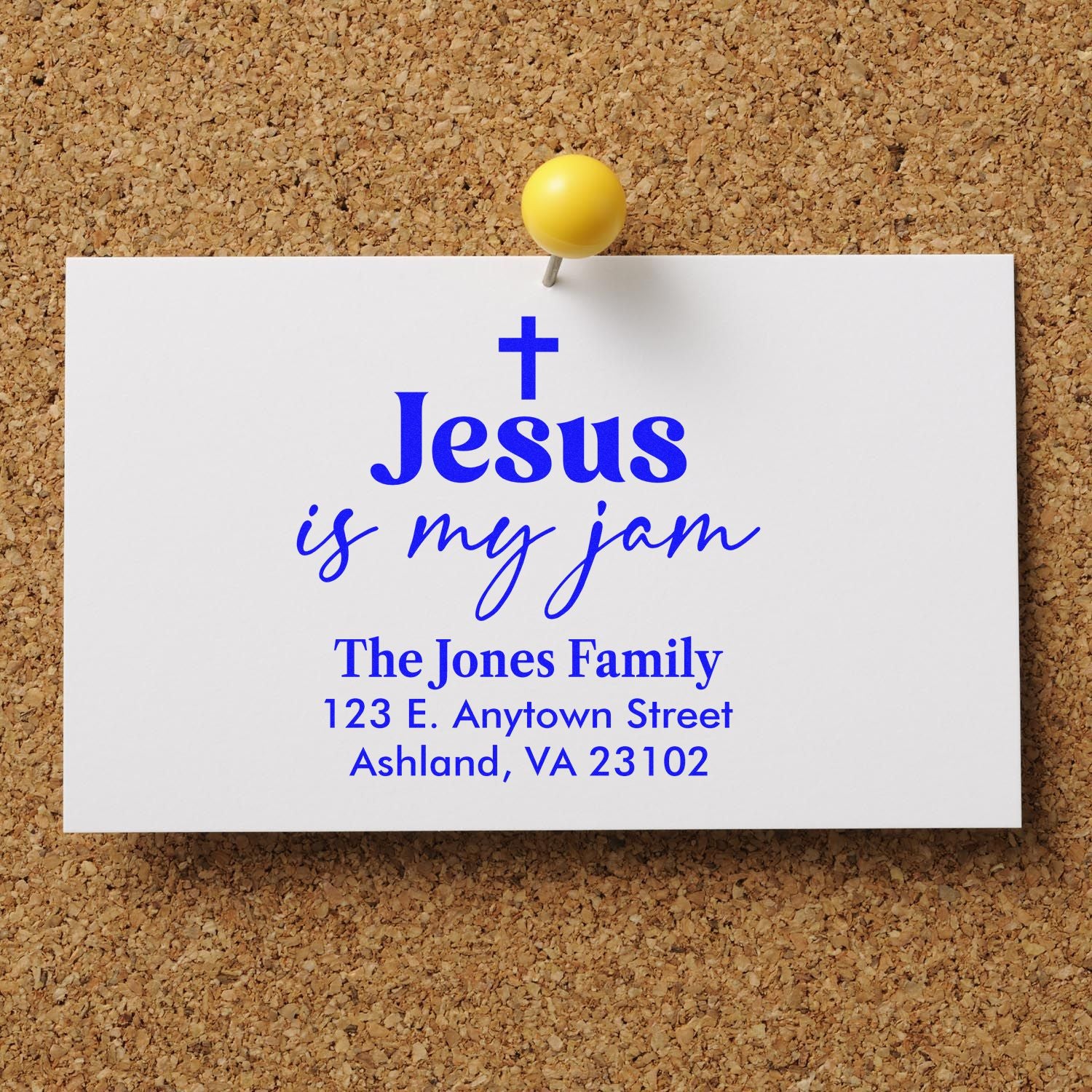 Christian return address rubber stamp sample with Jesus is my jam and family address on a pinned card.