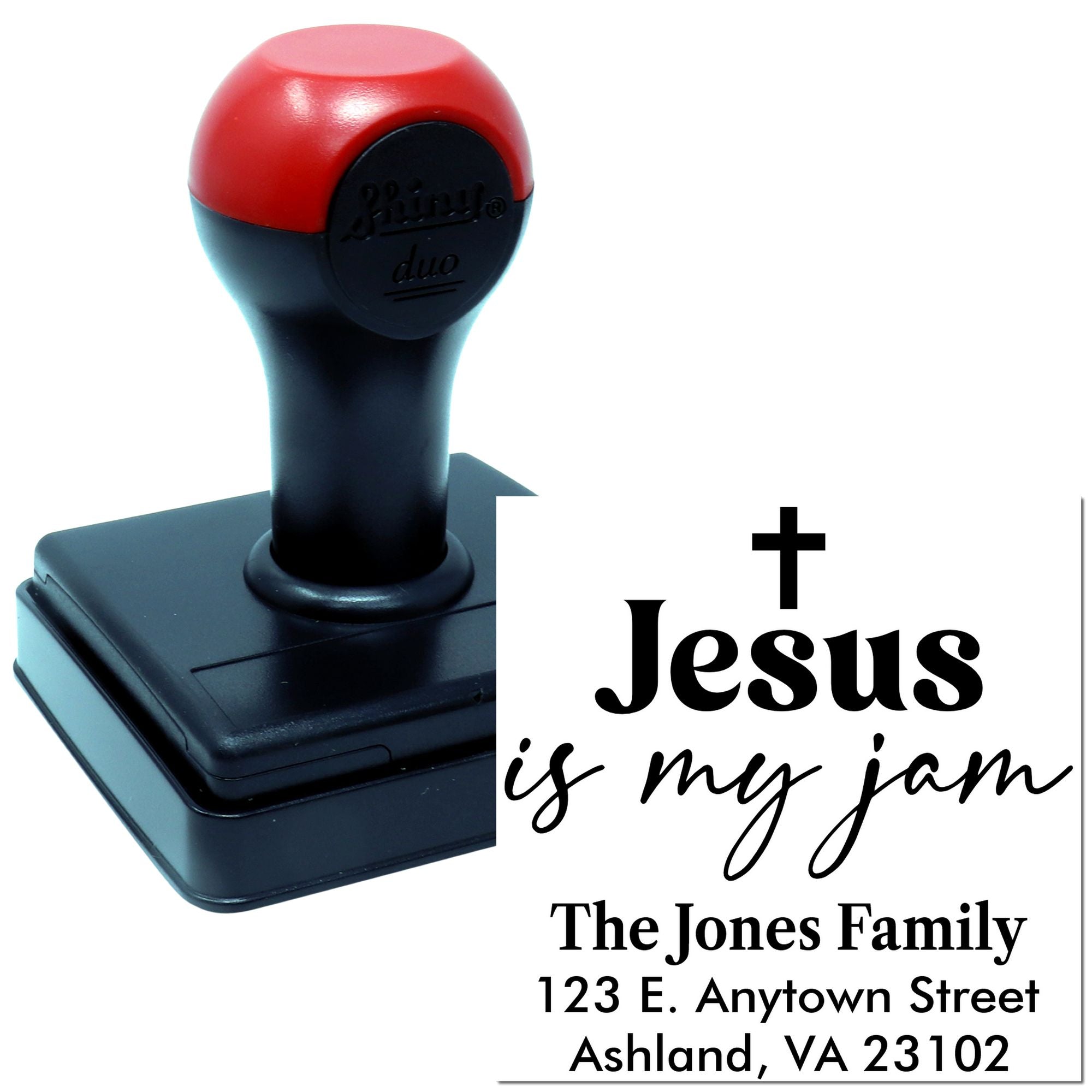 Custom faith-based self-inking rubber stamp with Jesus is my jam and personalized family address.