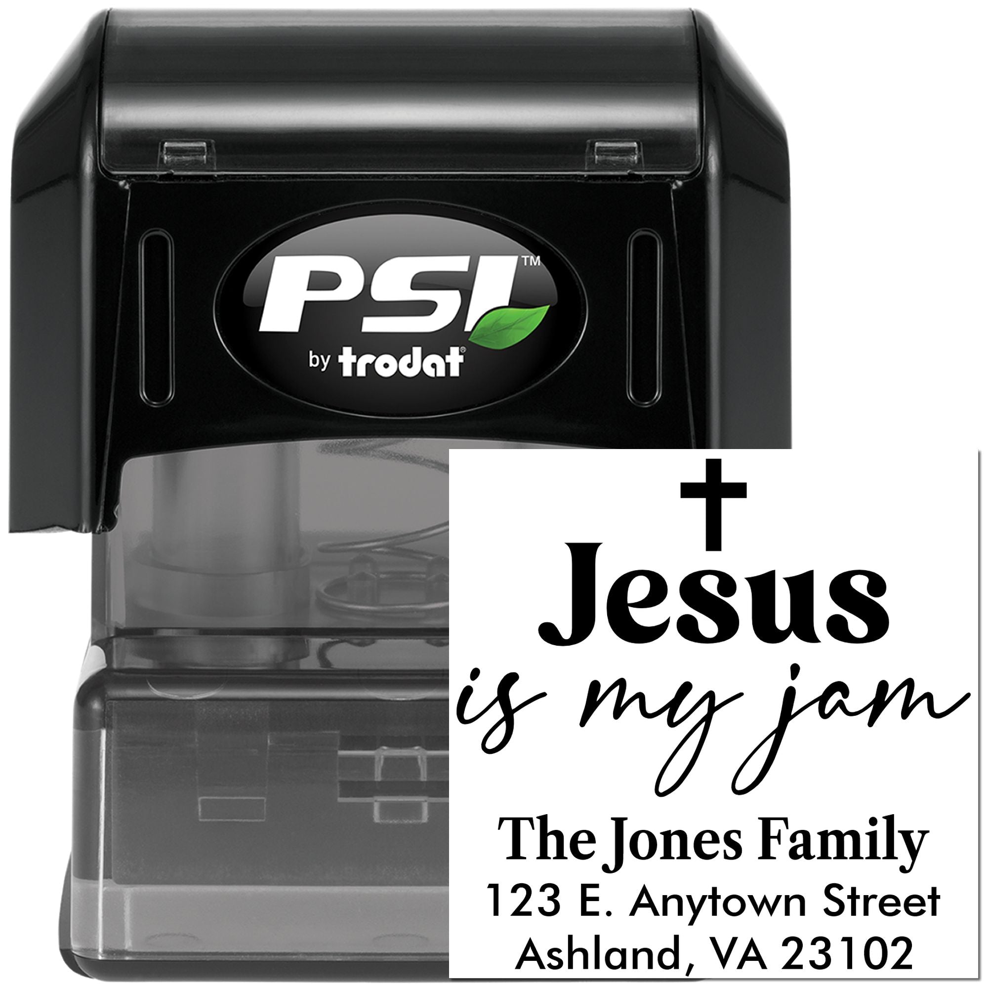 PSI by Trodat self-inking rubber stamp showing a personalized faith-based address stamp design with Jesus is my jam sample imprint