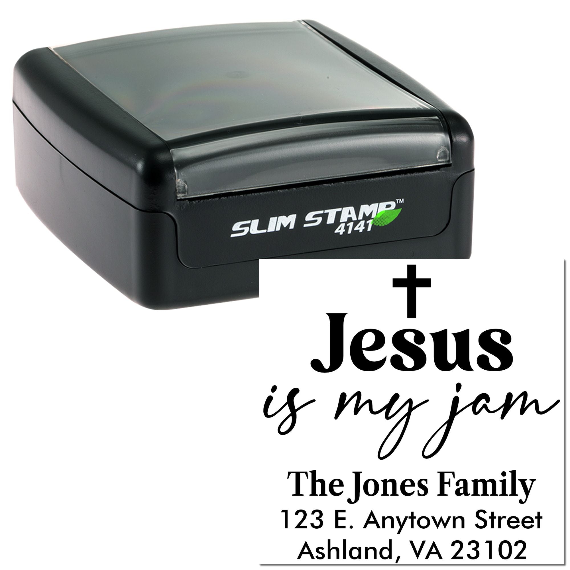 Custom rubber stamp design with Jesus is my jam inspirational return address, Slim Stamp 4141, for personalized mailing.