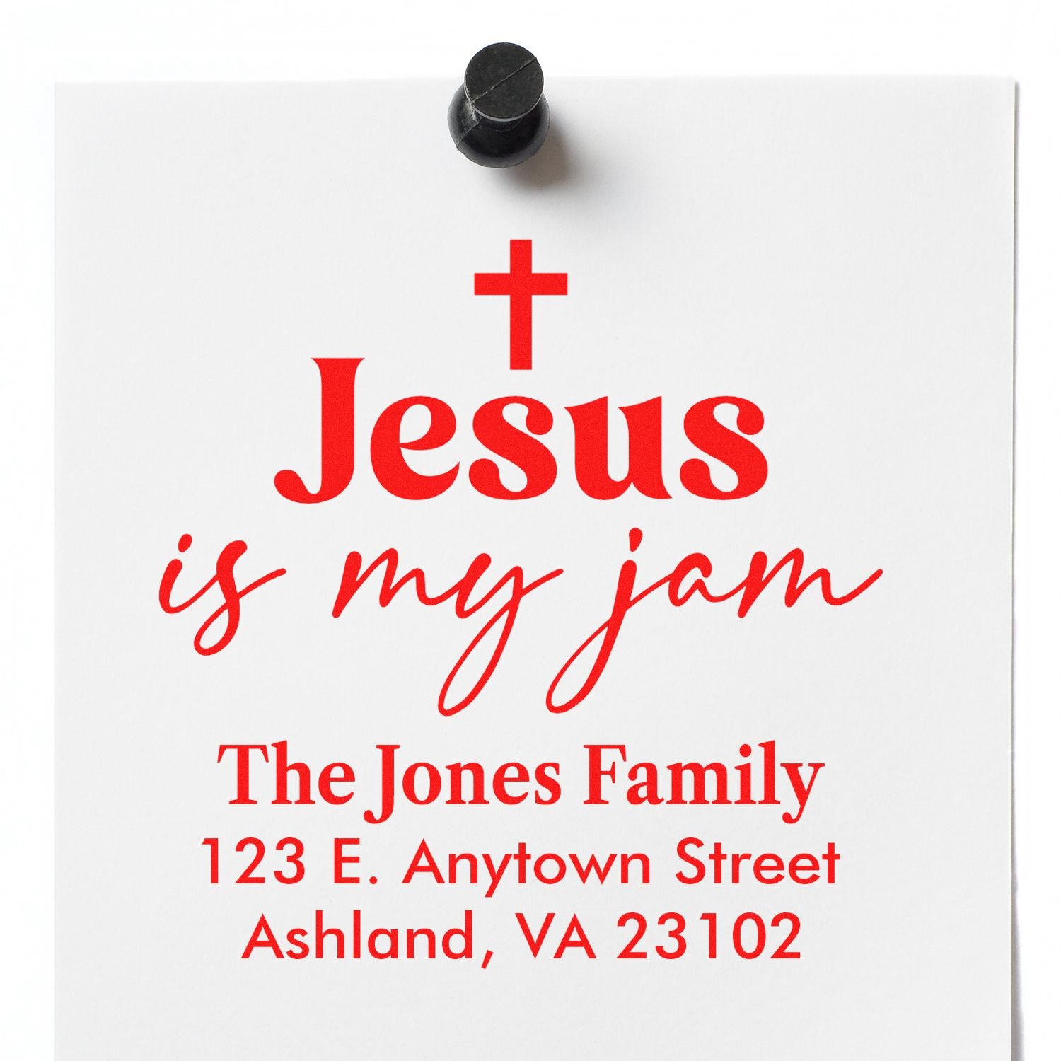 Personalized Christian rubber stamp design reading Jesus is my jam with family name and address for custom mailing.