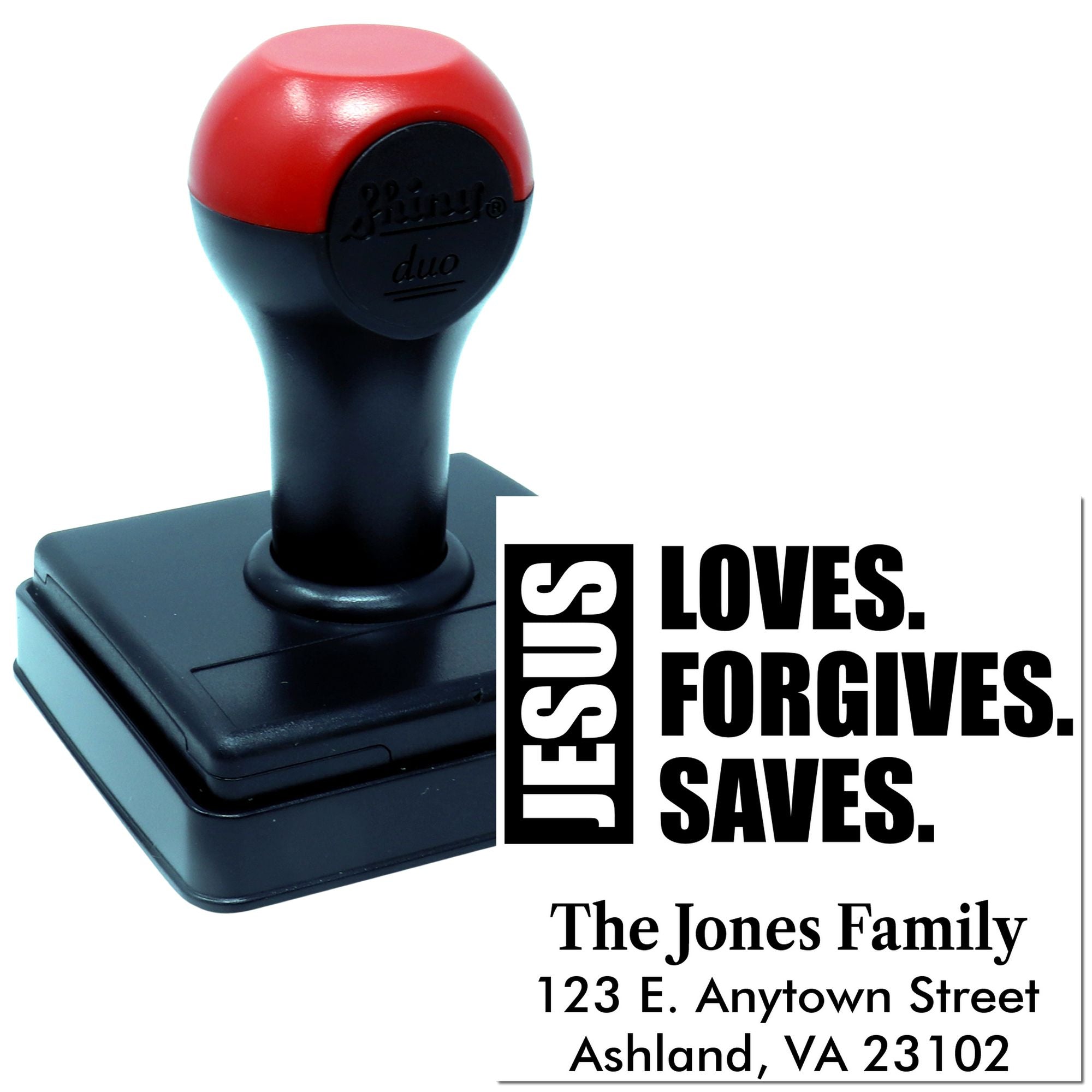Custom self-inking rubber stamp with Jesus loves, forgives, saves message and return address imprint for Christian mailings.