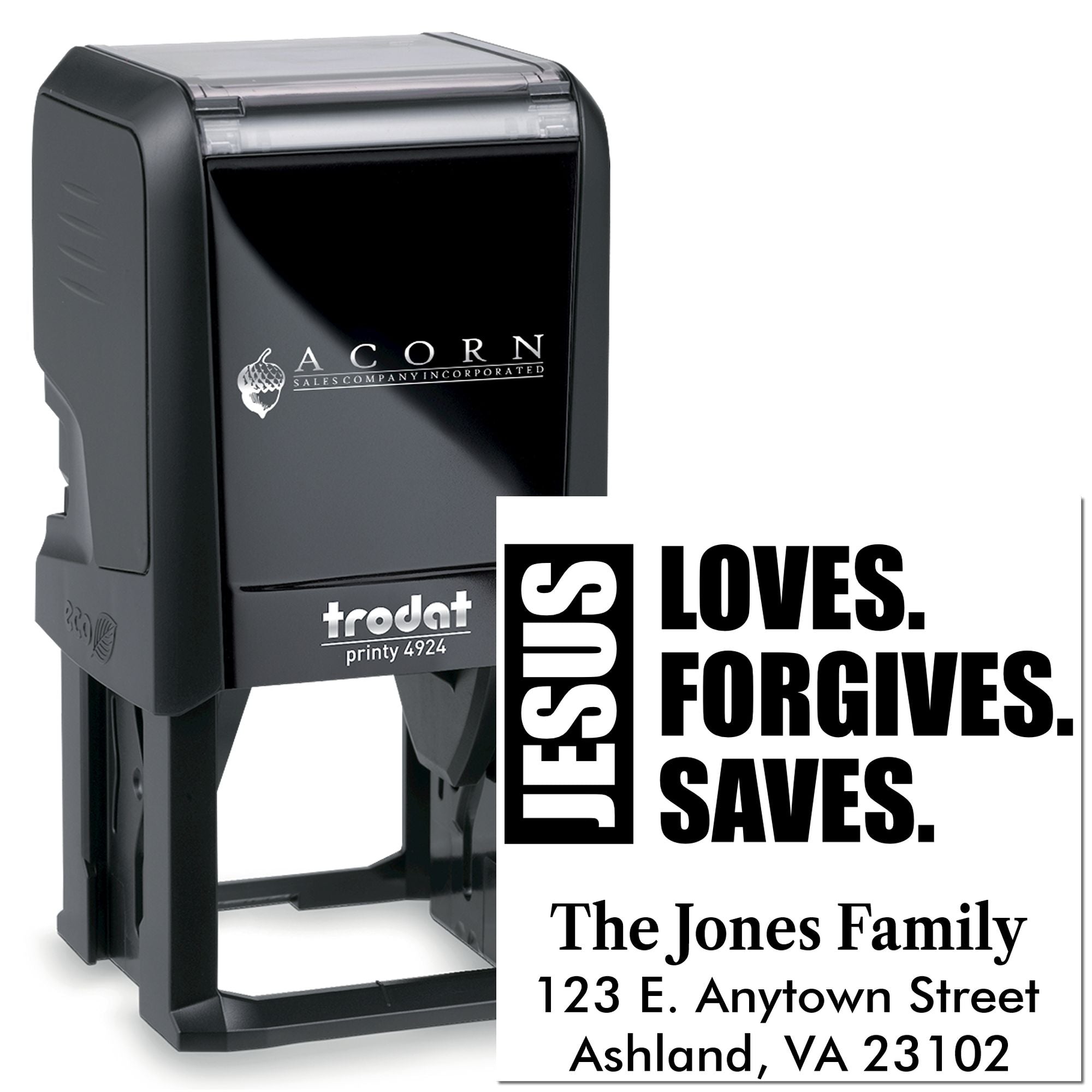 Trodat Printy 4924 self-inking rubber stamp with custom return address and Jesus Loves. Forgives. Saves. design