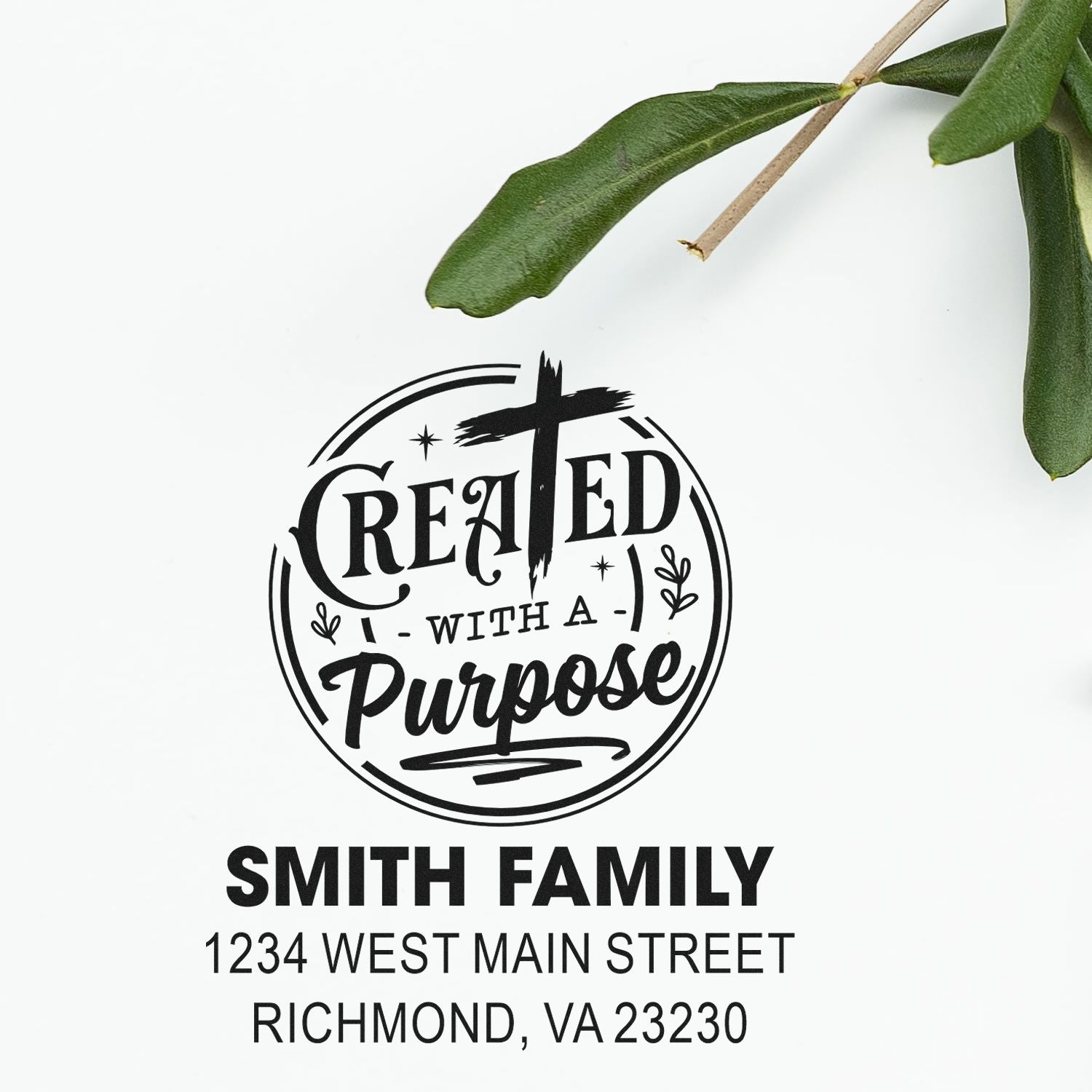 Custom family rubber stamp with Created with a Purpose design, Smith Family name, and Richmond, VA address.