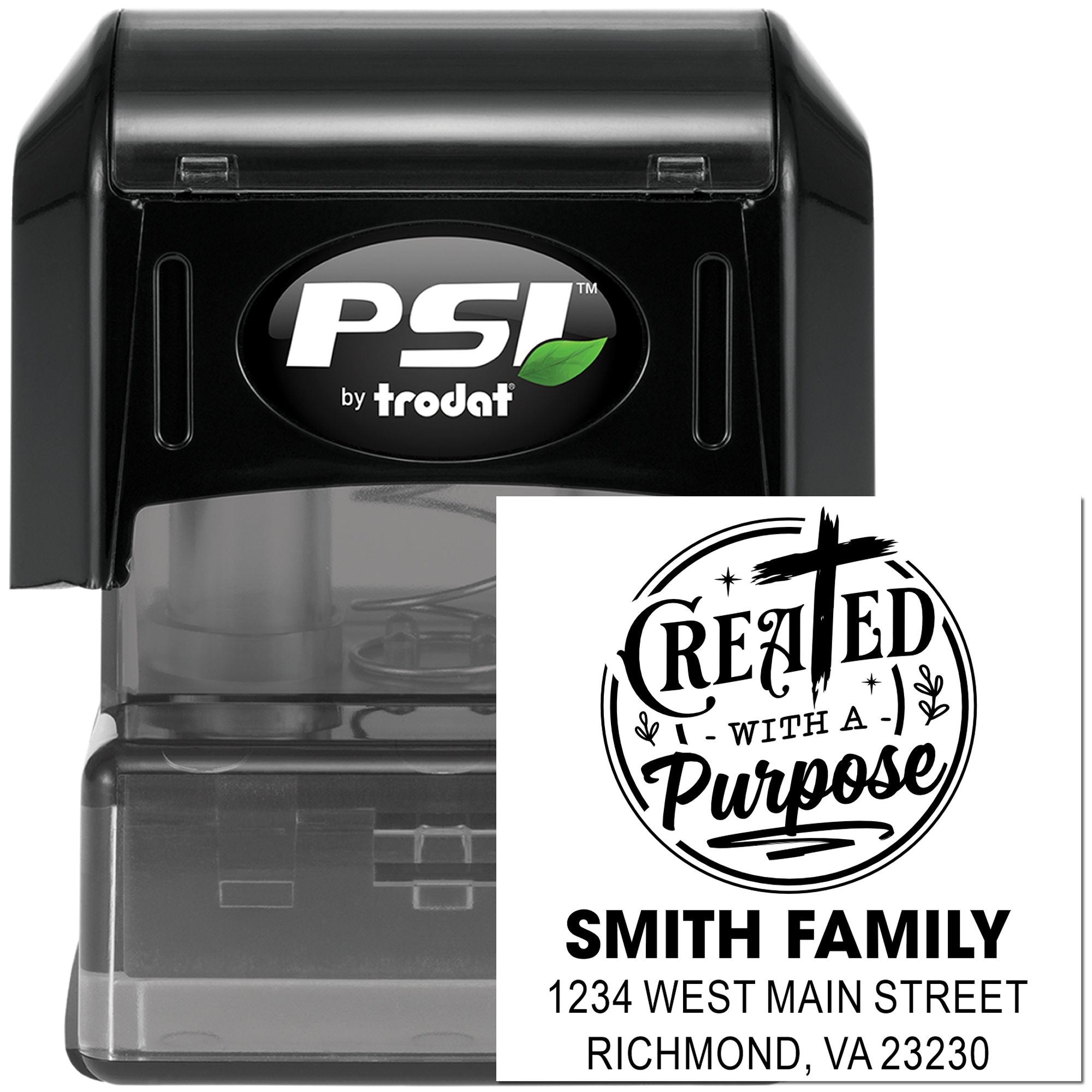 PSI by Trodat custom self-inking rubber stamp featuring Created with a Purpose and Smith Family return address imprint