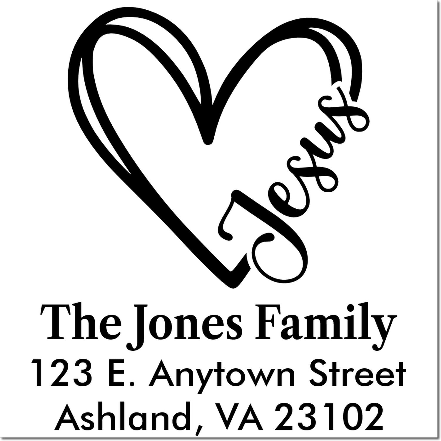 Personalized return address rubber stamp with heart design for The Jones Family, 123 E. Anytown Street, Ashland, VA 23102.