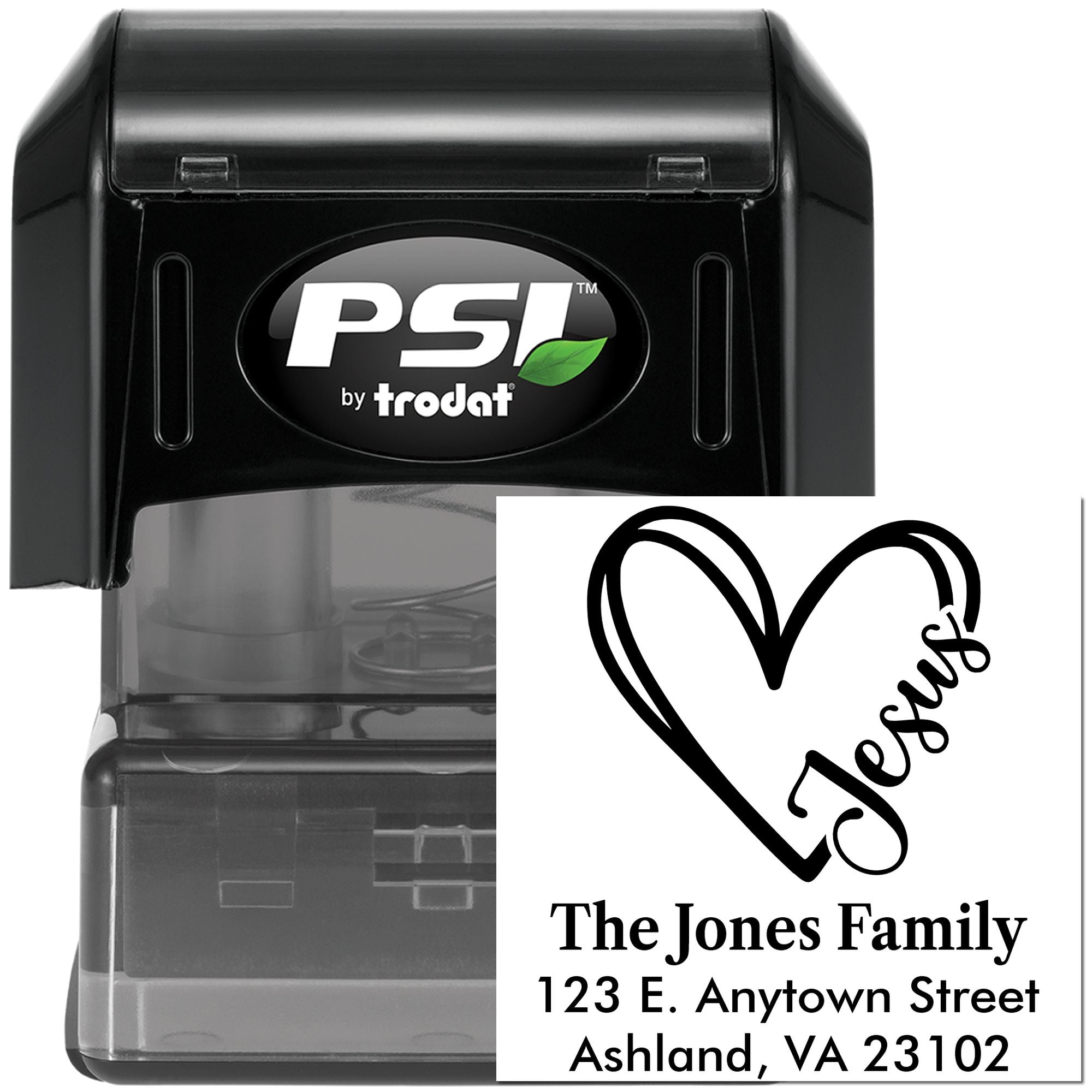Custom self-inking rubber address stamp with heart design and personalized family name and return address.