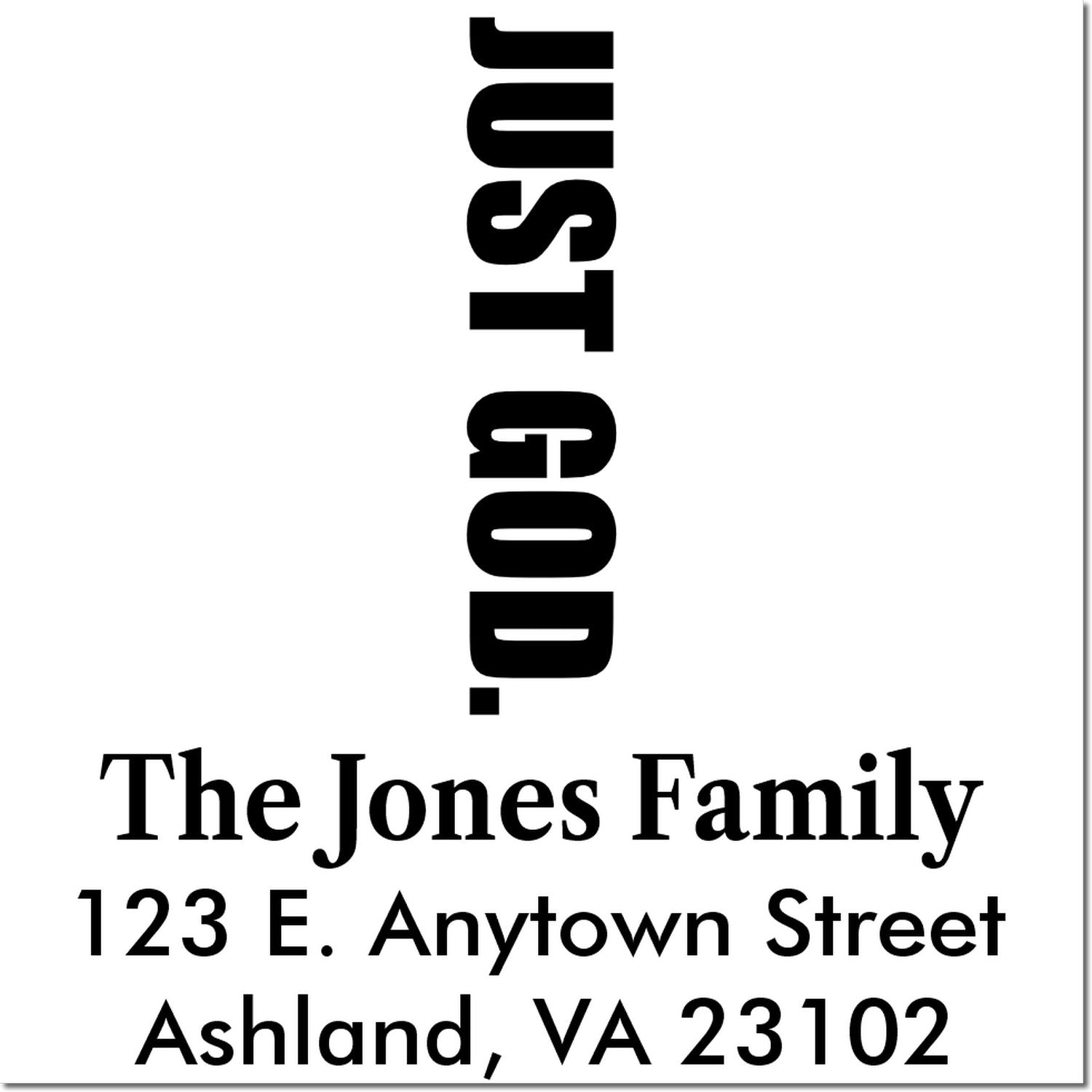 Custom return address rubber stamp for The Jones Family, 123 E. Anytown Street, Ashland, VA 23102.