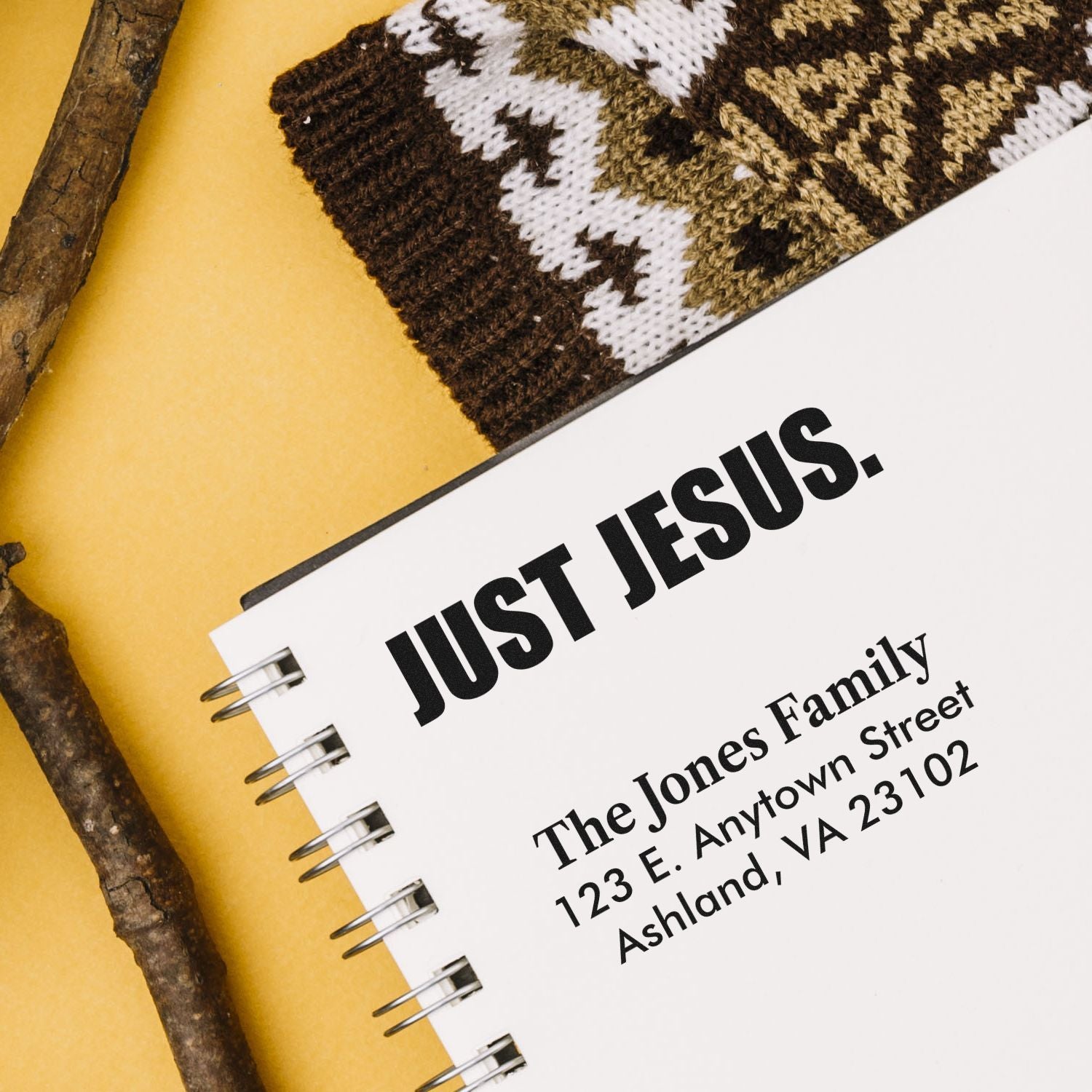 Custom rubber stamp design with Just Jesus and family address for Bible journaling, gifts, or handmade stationery.