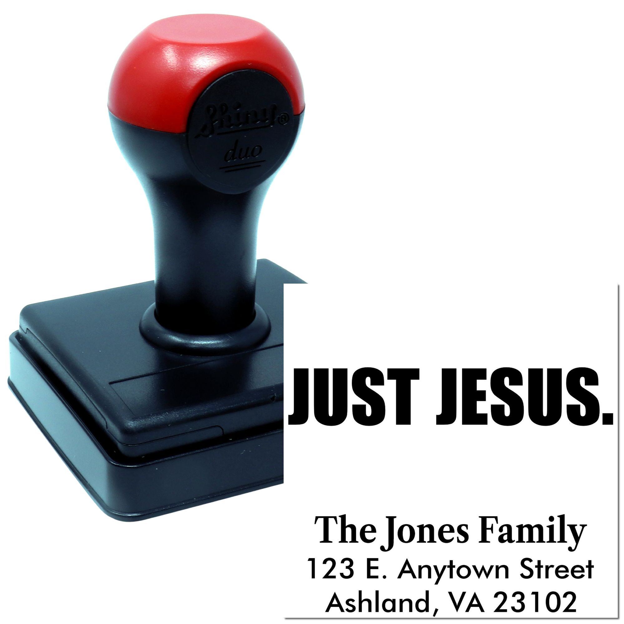 Custom address rubber stamp for The Jones Family with Just Jesus text, ideal for Christian mailings and packaging.