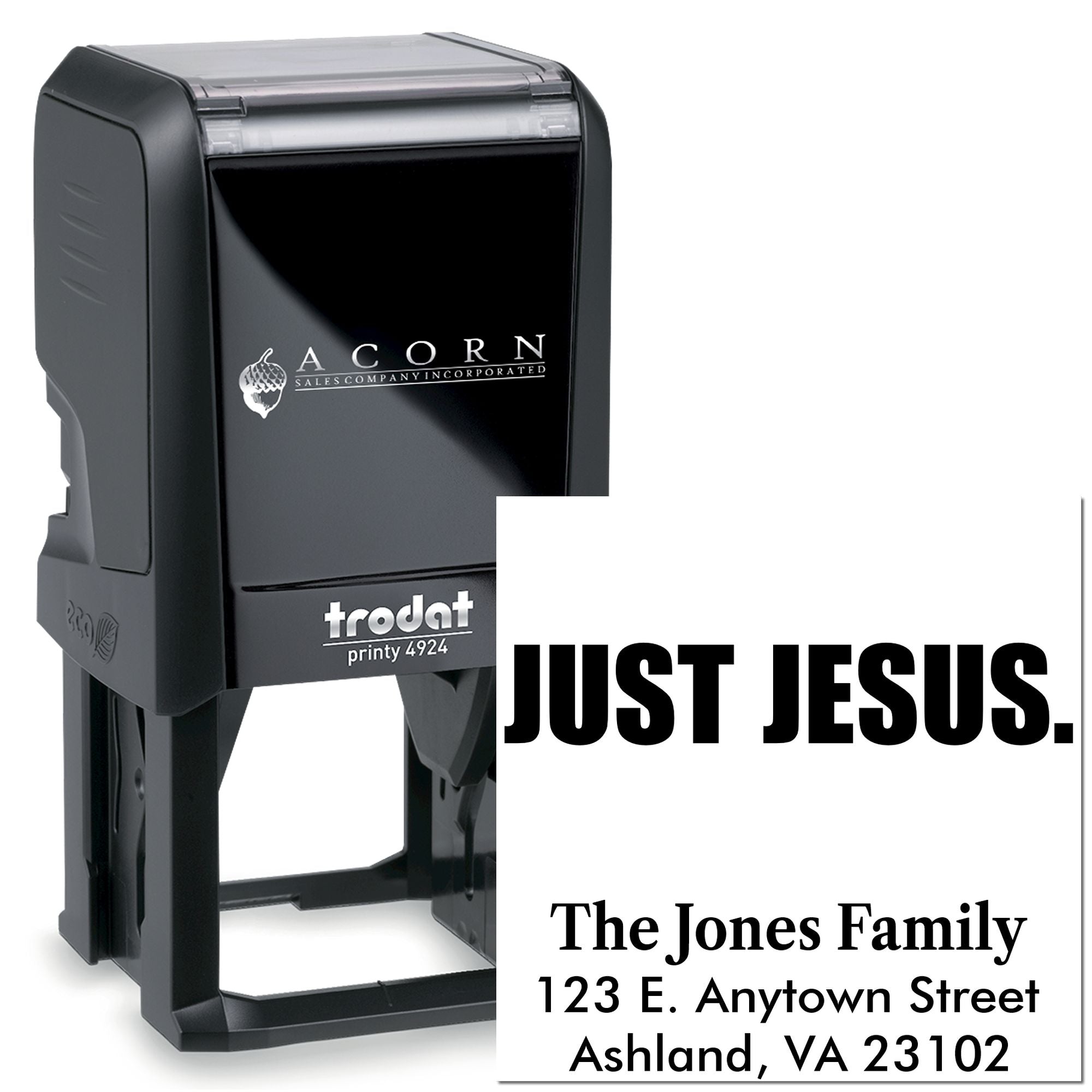 Custom self-inking rubber address stamp with Just Jesus message for The Jones Family.