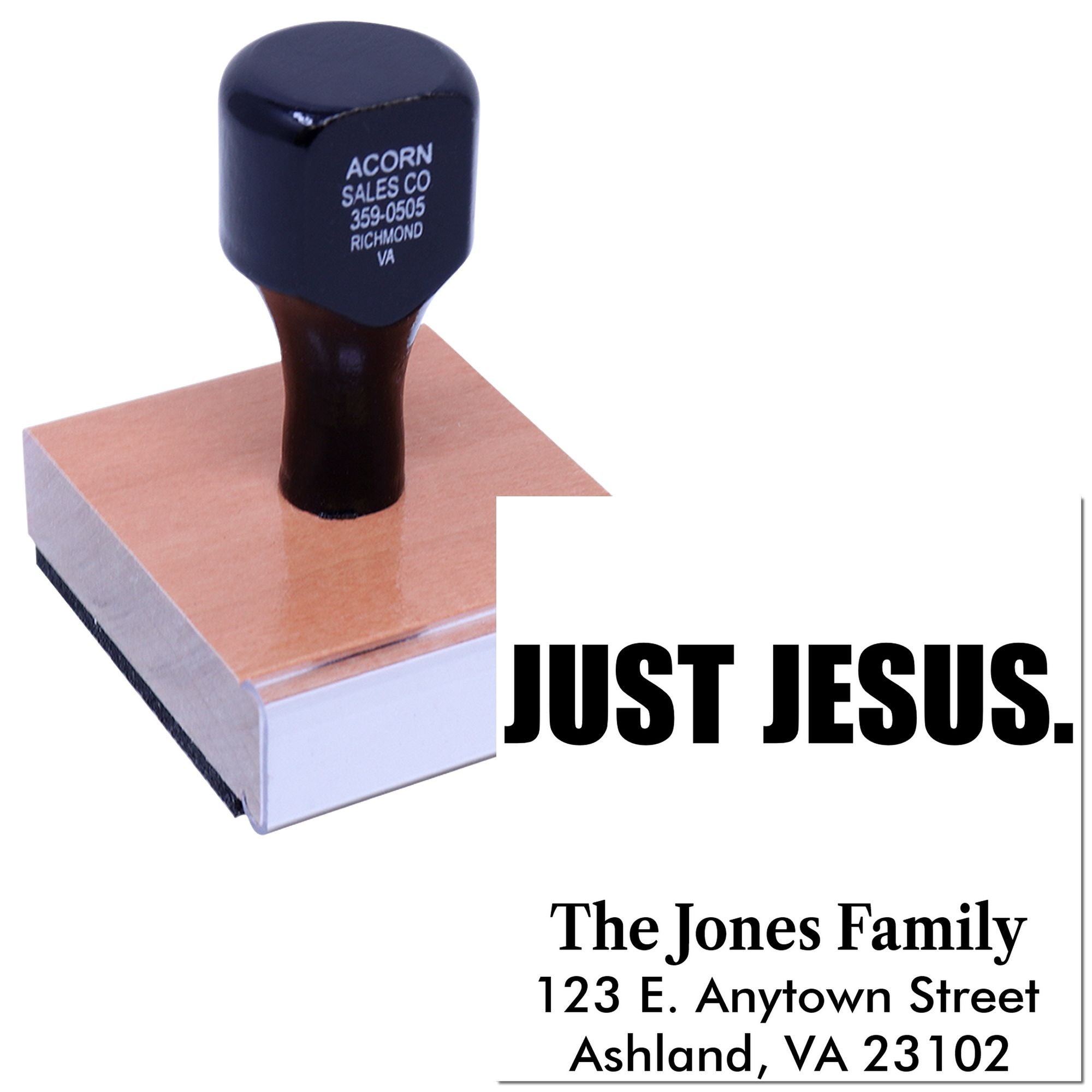 Custom address rubber stamp with Just Jesus design and The Jones Family mailing address for personalized correspondence.