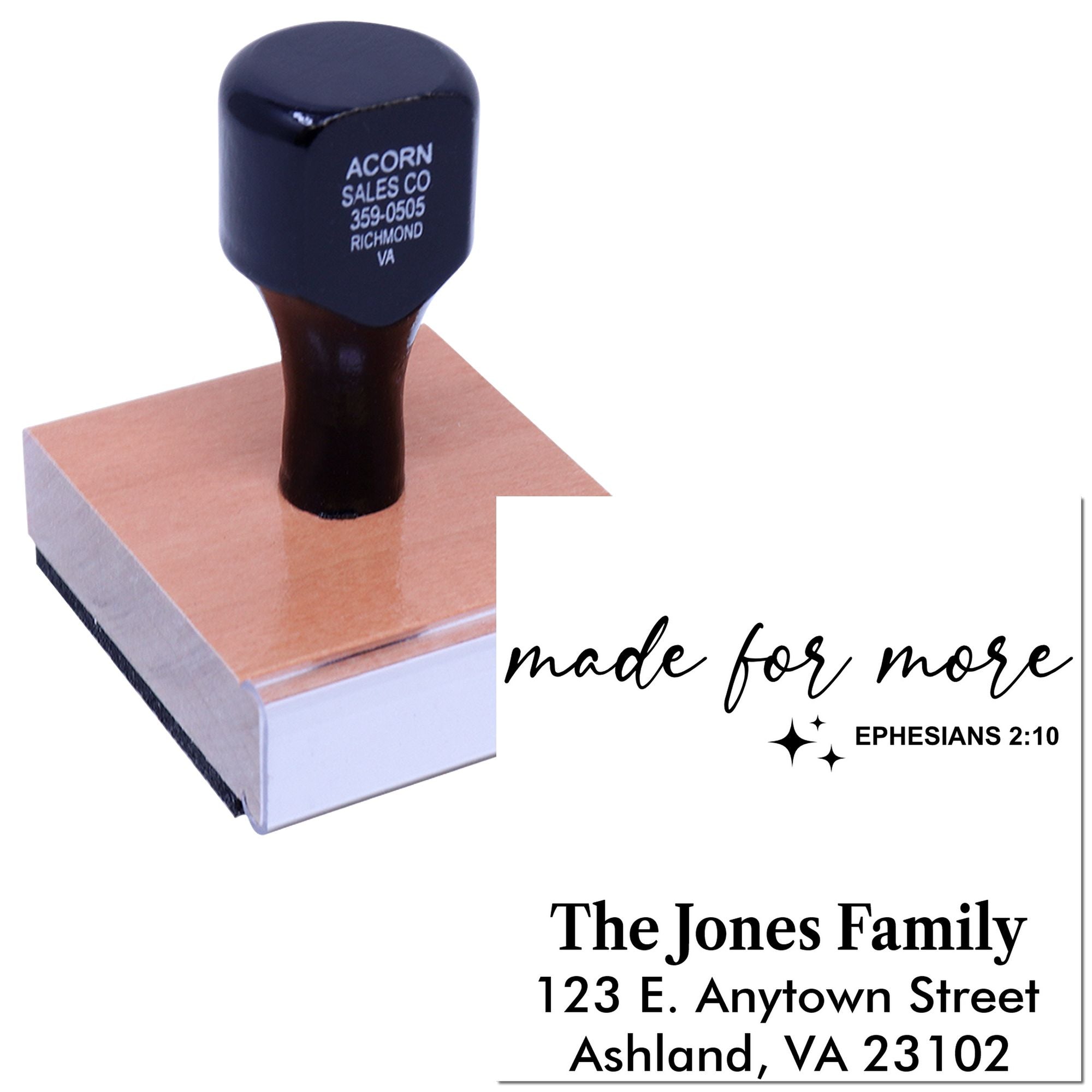 Custom rubber stamp with personalized family address and Christian Made for More Ephesians 2:10 design.