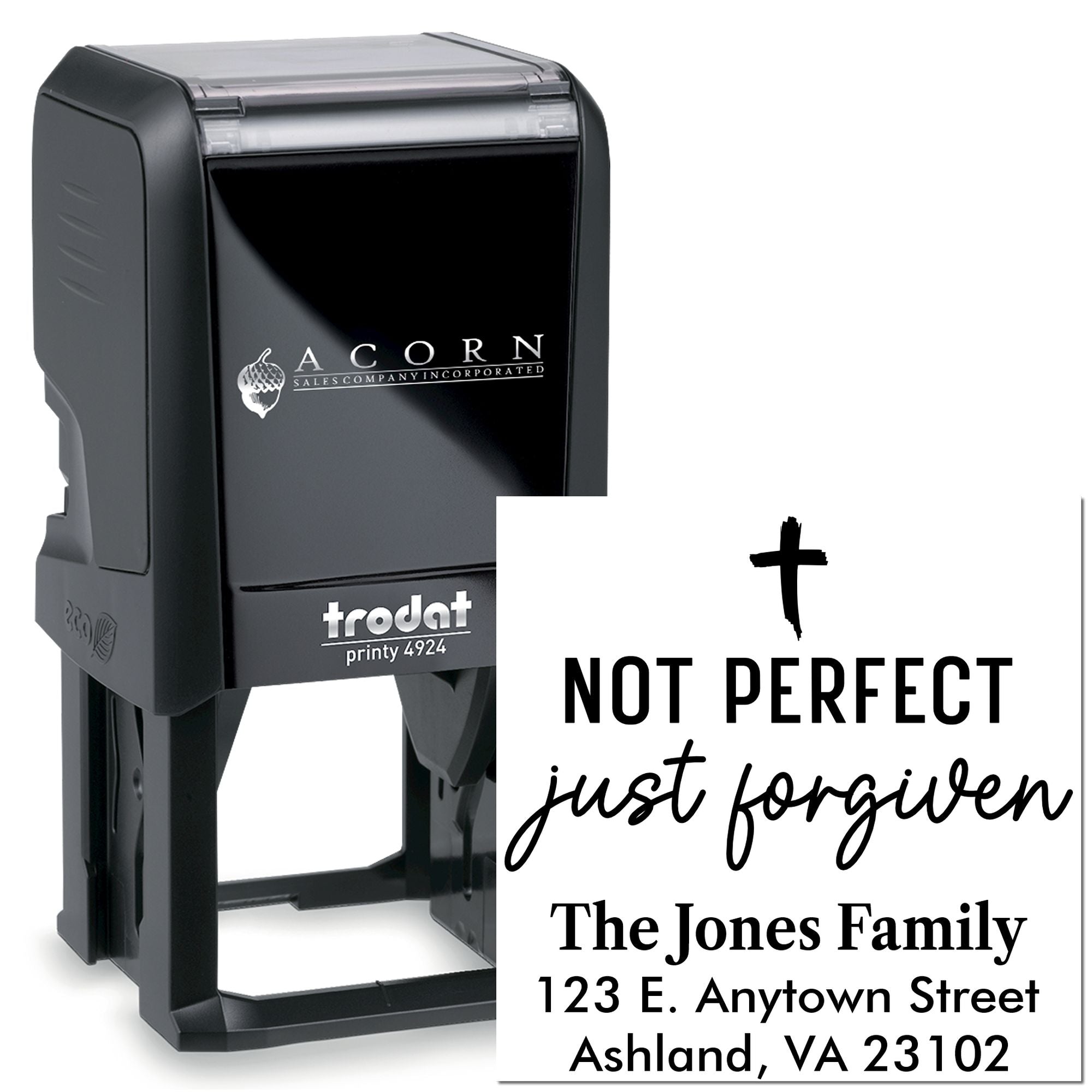 Trodat self-inking rubber stamp with custom Not Perfect, Just Forgiven family address design.
