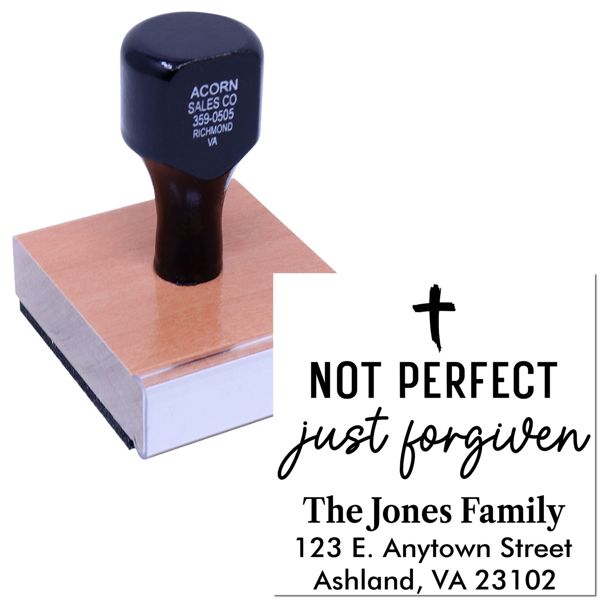 Personalized Christian address rubber stamp with cross, Not Perfect, Just Forgiven, and family mailing address.