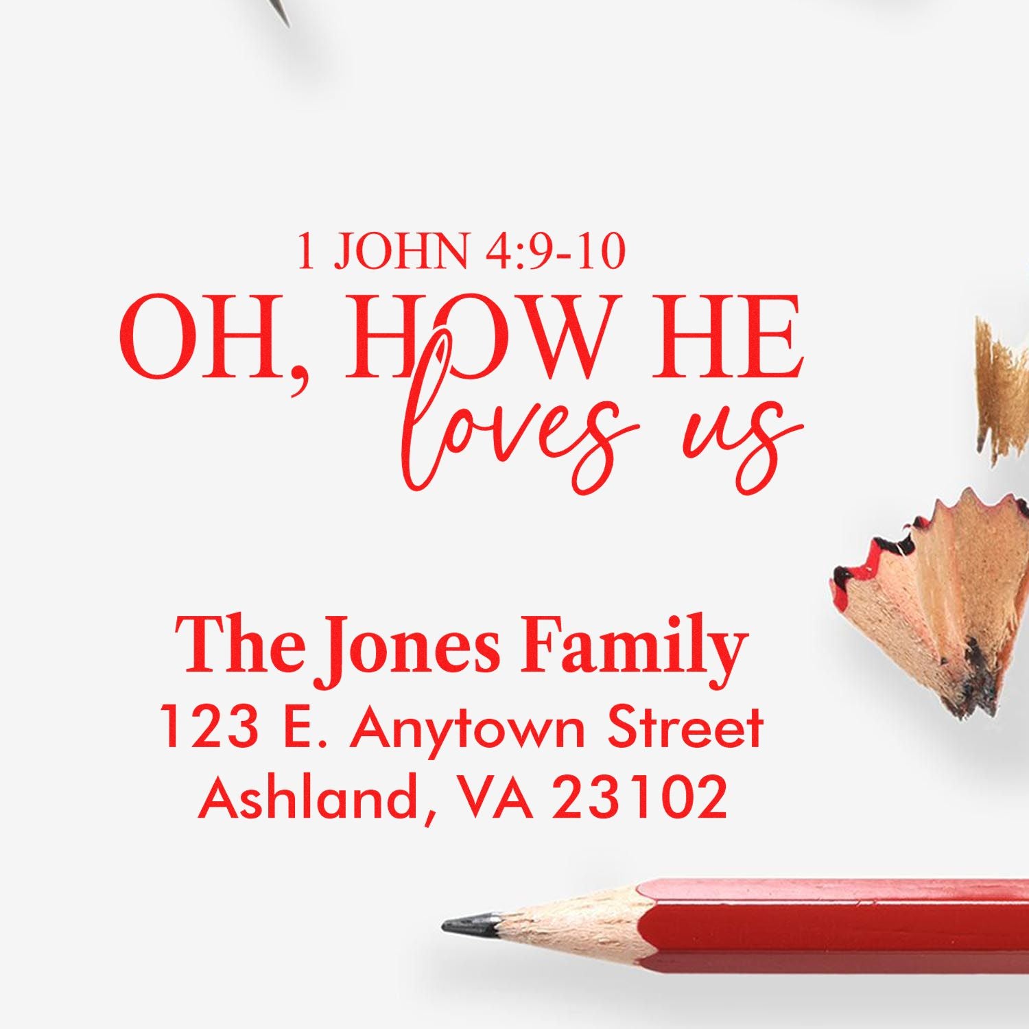 Custom Christian rubber stamp with Oh, how He loves us Bible verse and return address for personalized mailings.