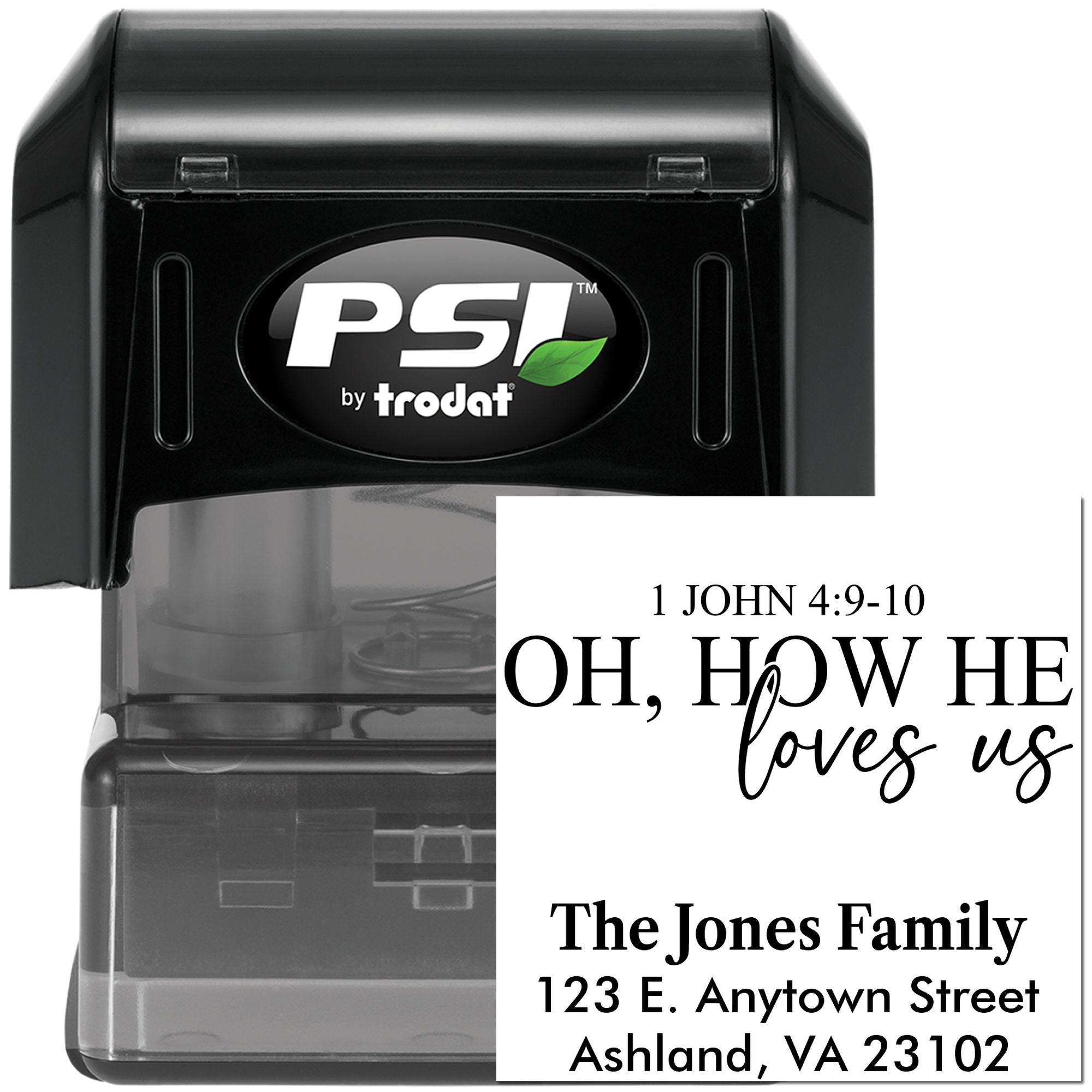 PSI by Trodat self-inking custom rubber stamp with Bible verse and family address design