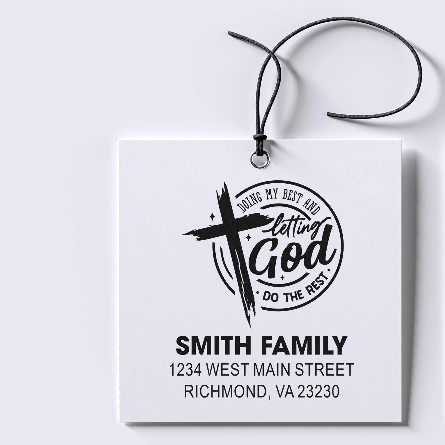 Custom Christian return address rubber stamp with cross design and Doing My Best and Letting God Do the Rest message.