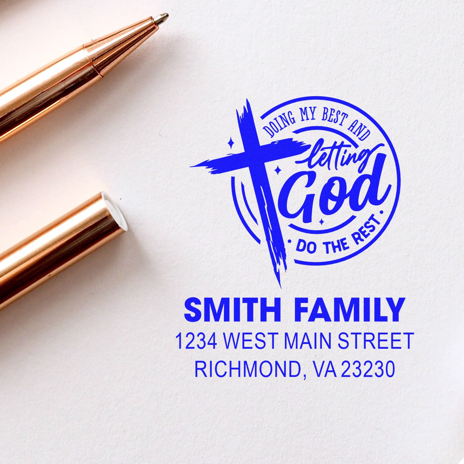 Custom Christian family address rubber stamp with cross design, Smith Family name, and Letting God do the rest slogan.