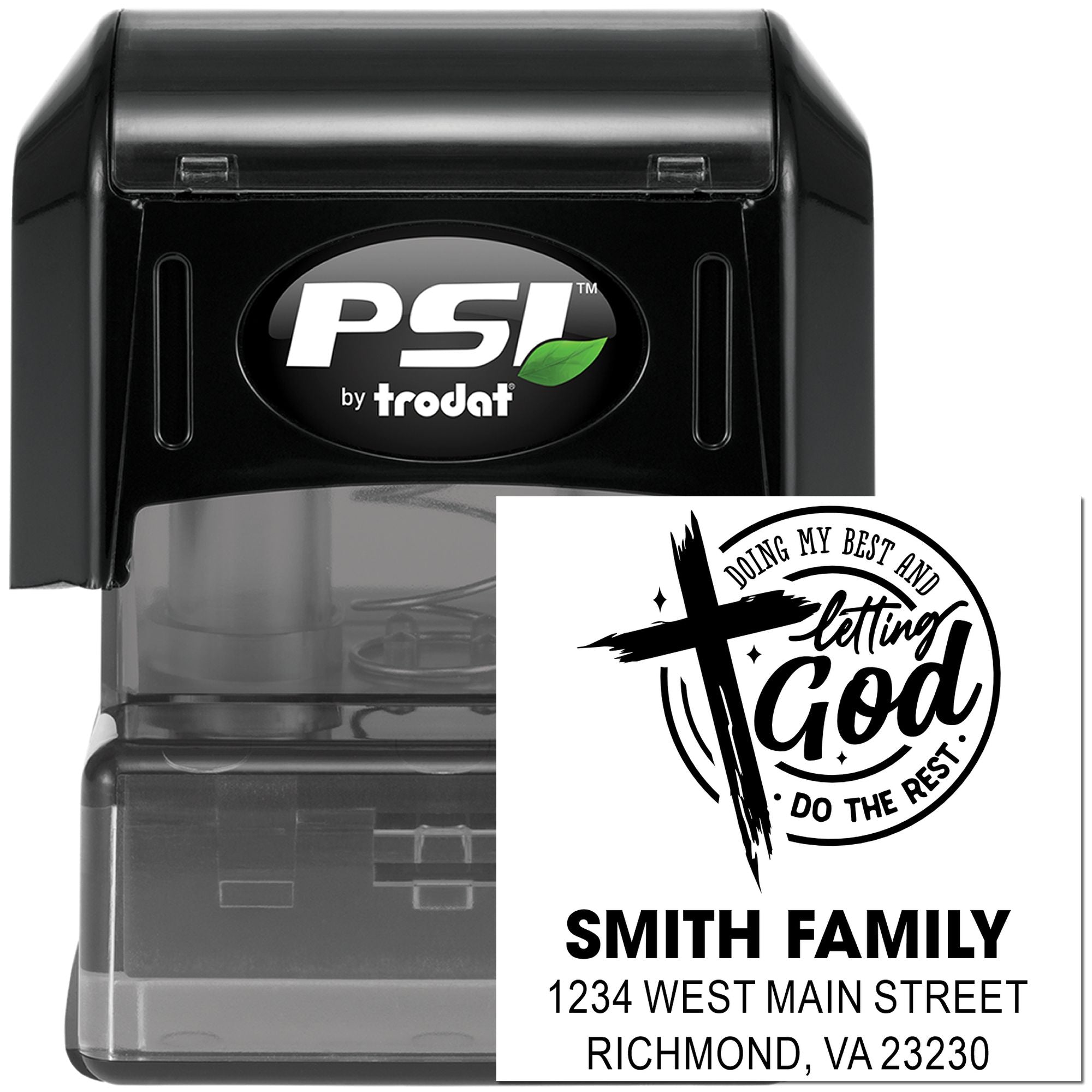 Custom self-inking rubber address stamp by PSI by Trodat with Smith Family return address design for personalized mailing.