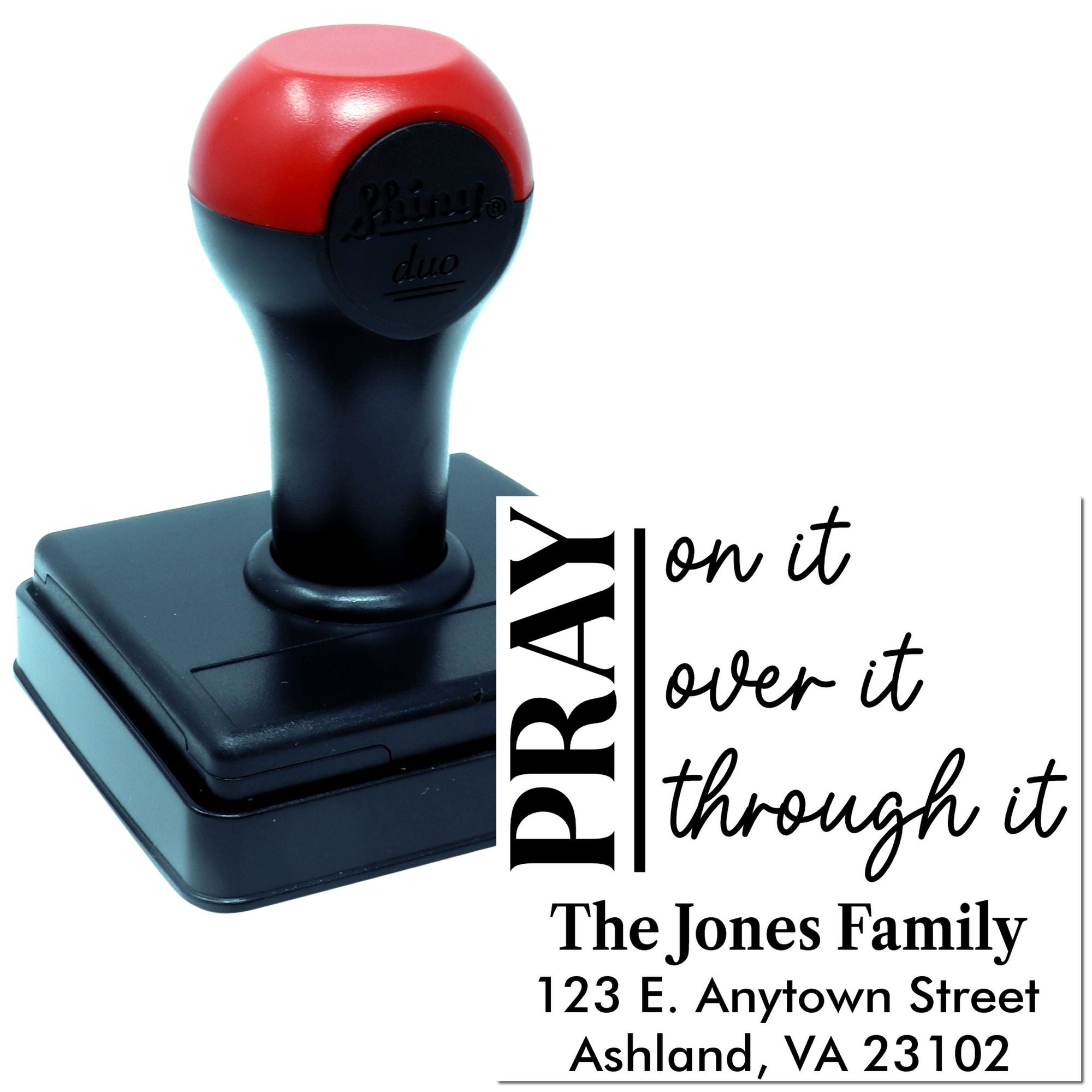 Custom self-inking rubber stamp with faith message PRAY on it and personalized family address for envelopes and cards