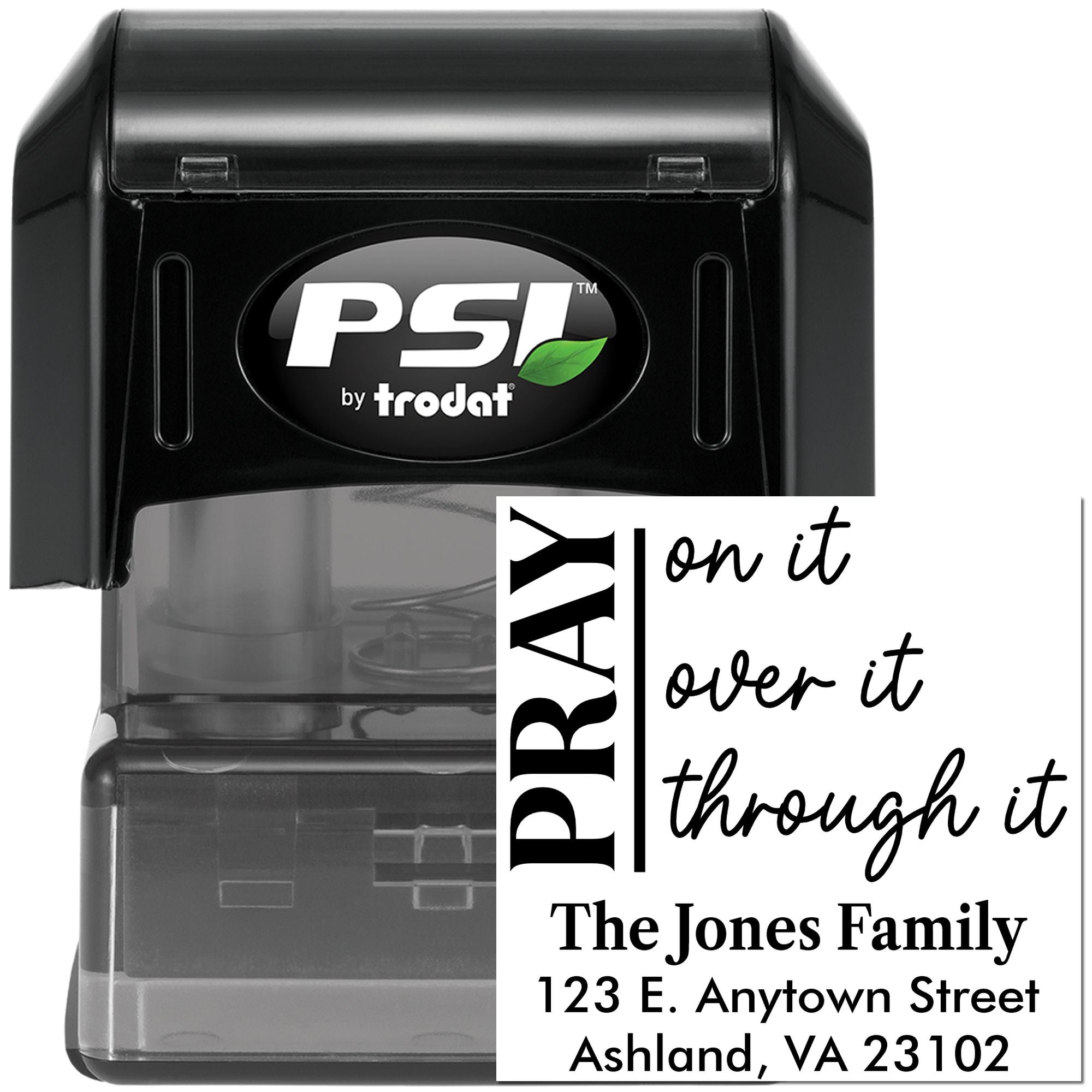 Self-inking PSI by Trodat custom address rubber stamp with name, address, and slogan for mailings.
