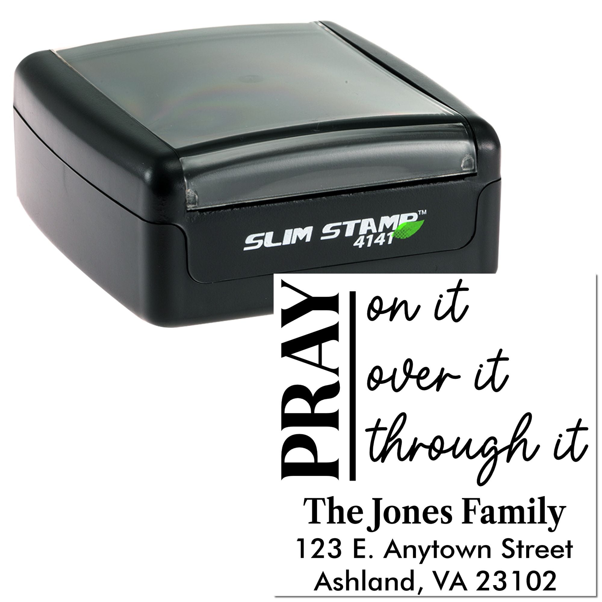 Self-inking custom rubber stamp with PRAY design and return address for faith-based envelopes and cards