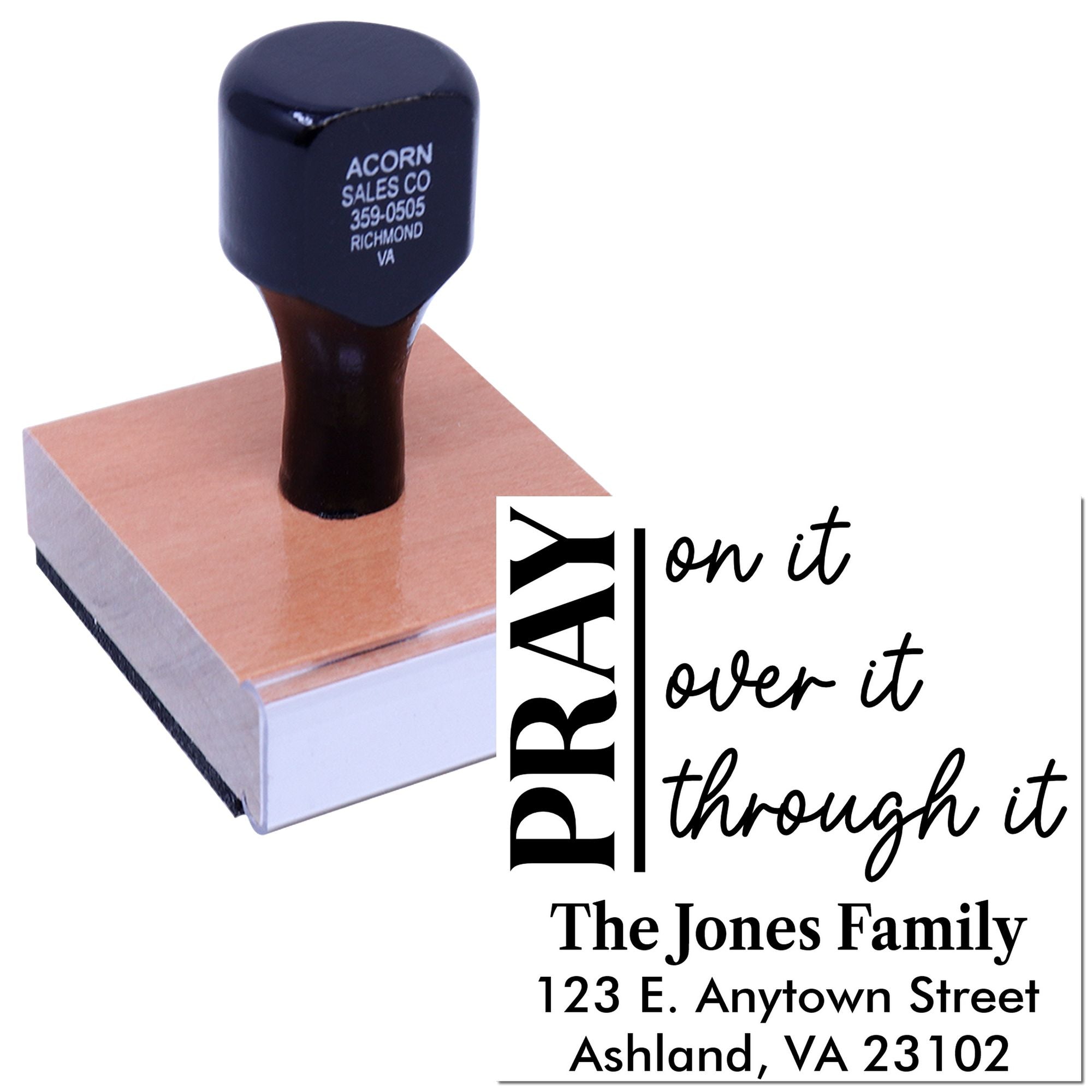 Custom family address rubber stamp with faith message Pray on it, love it, through it for envelopes and cards.
