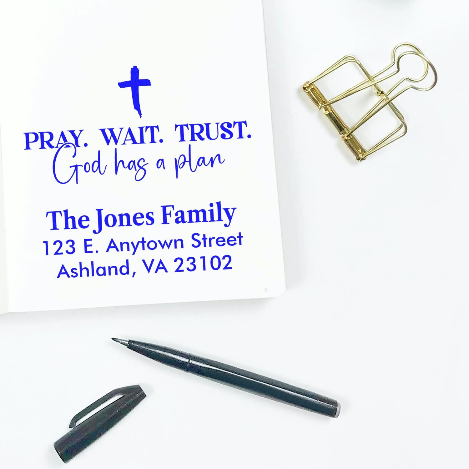 Custom faith rubber stamp with Pray, Wait, Trust, God has a plan and personalized family return address for envelopes