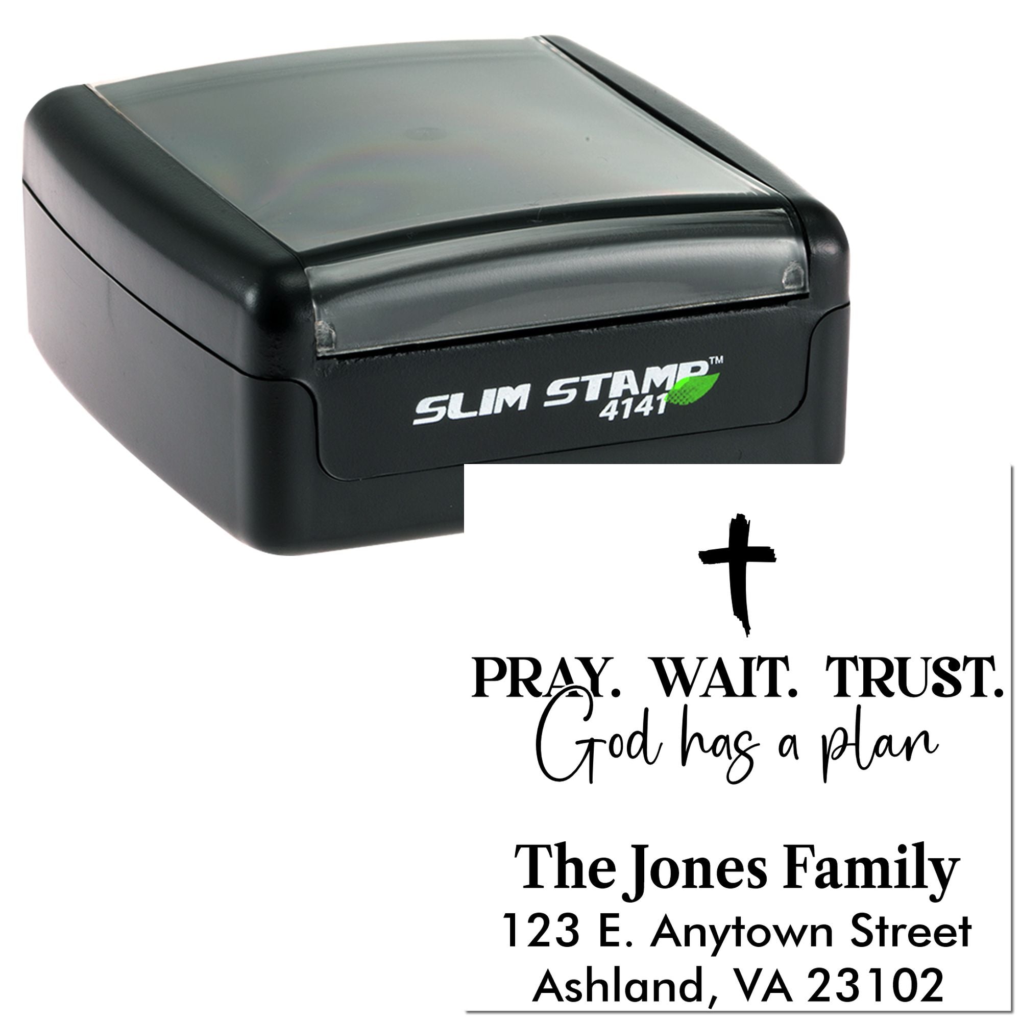 Custom self-inking rubber stamp with Christian family return address design and Pray. Wait. Trust. God has a plan text