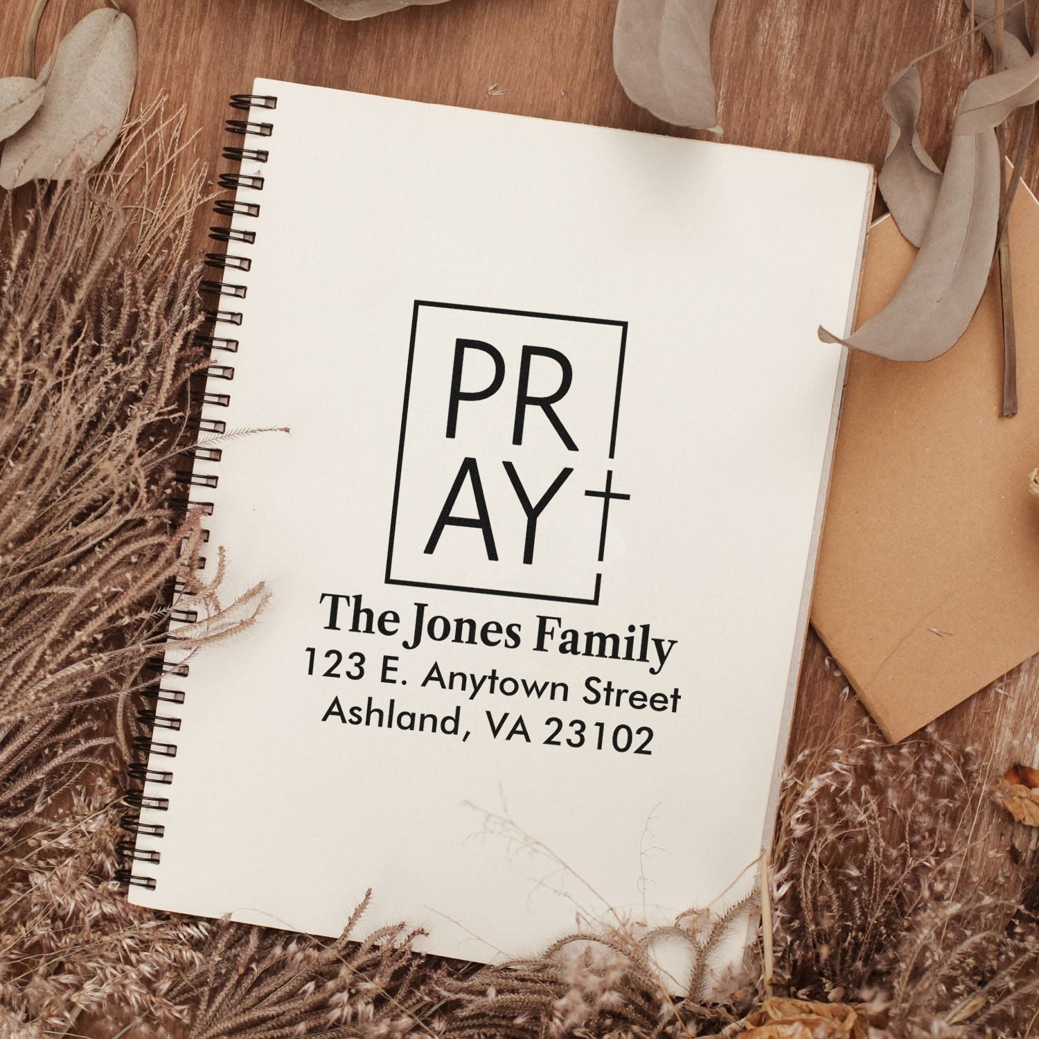 Personalized return address rubber stamp mockup for The Jones Family with Ashland, VA mailing address.