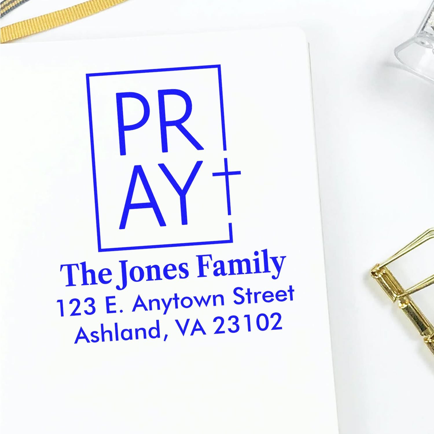 Custom family return address rubber stamp with PRAY design for The Jones Family, Ashland, VA
