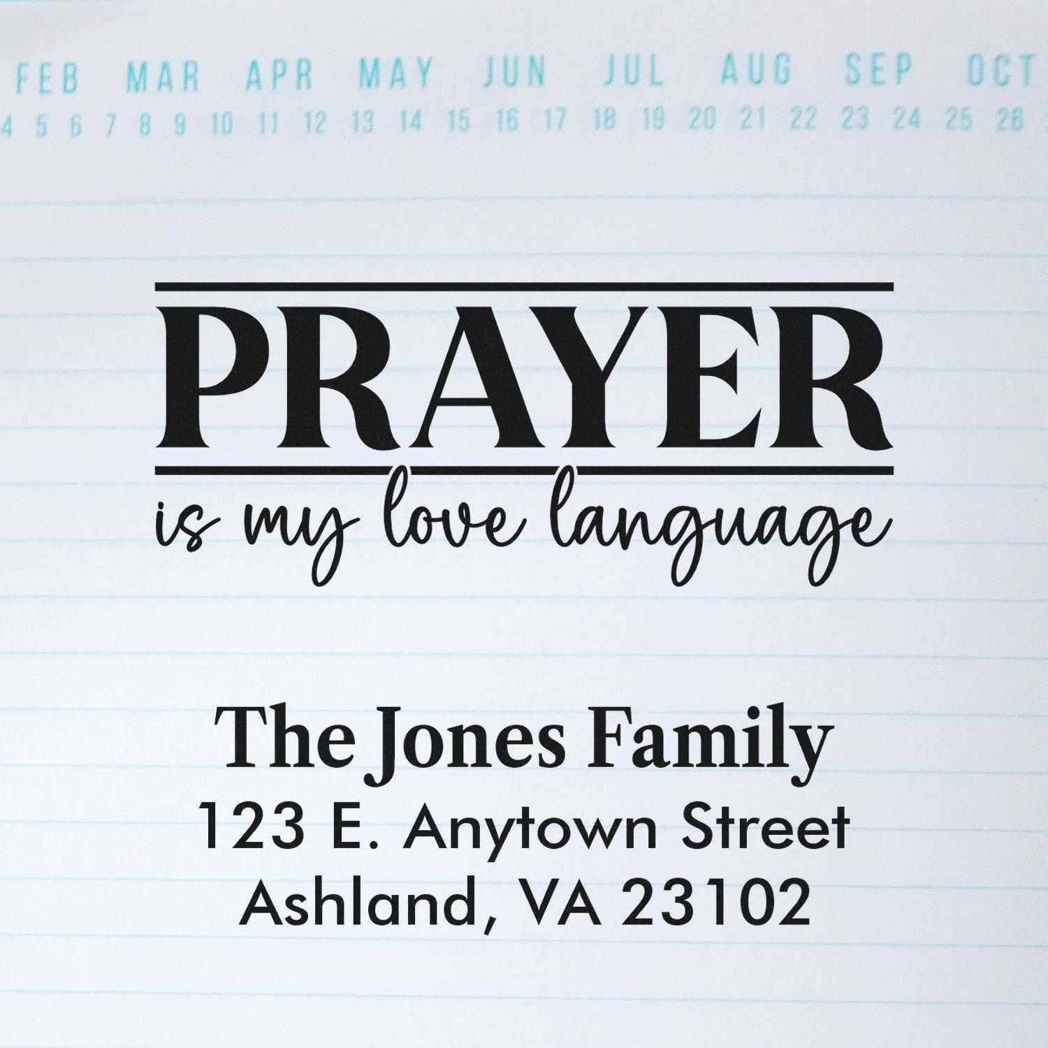 Faith-based custom rubber stamp with Prayer is my love language and a personalized family return address.