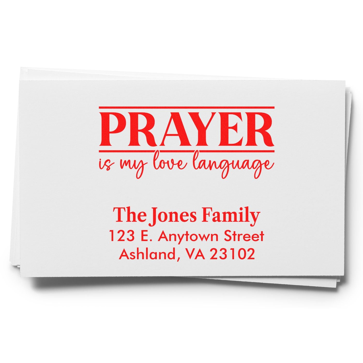 Custom rubber stamp design with Prayer is my love language and personalized family return address.
