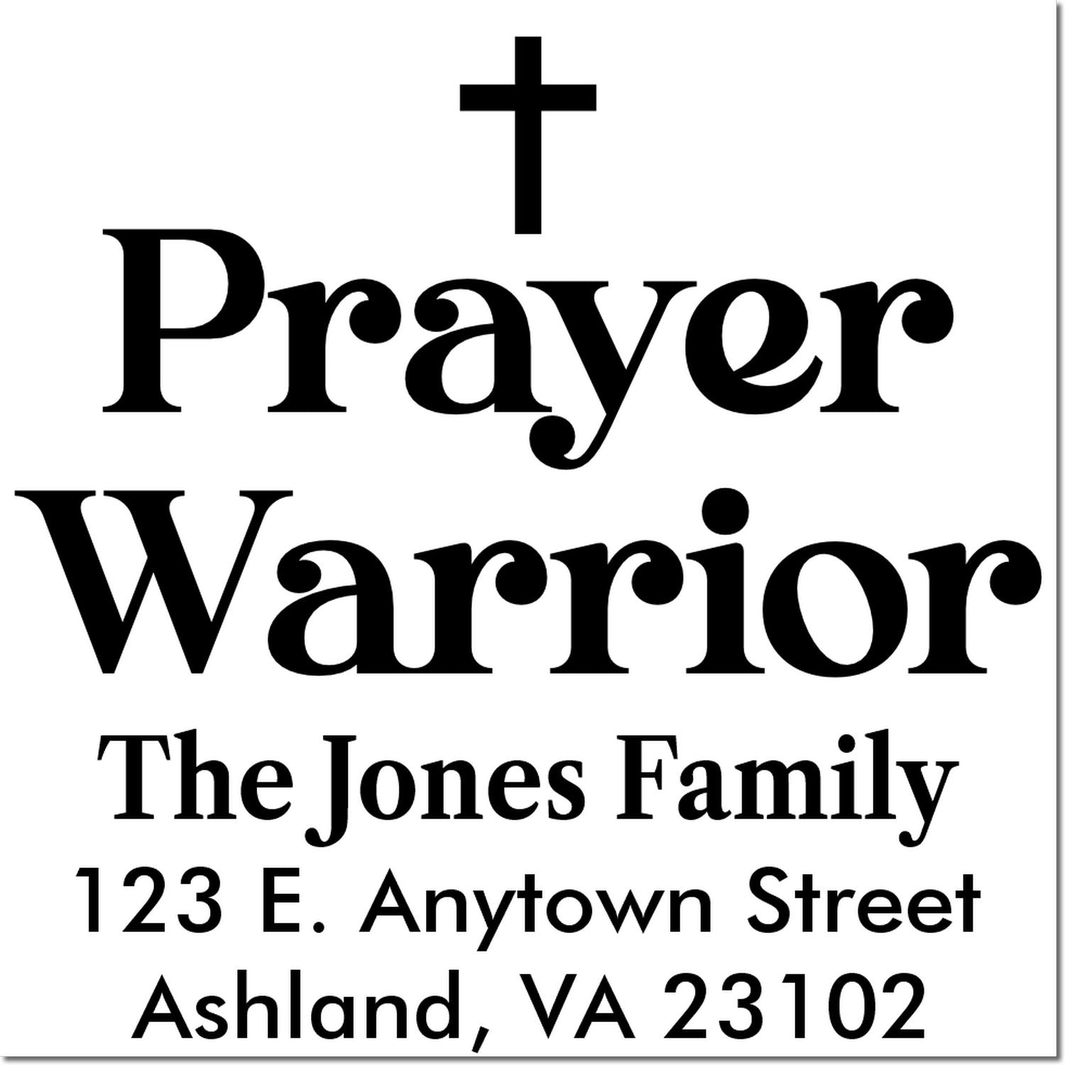 Christian prayer warrior return address rubber stamp design for The Jones Family, with cross and home address.