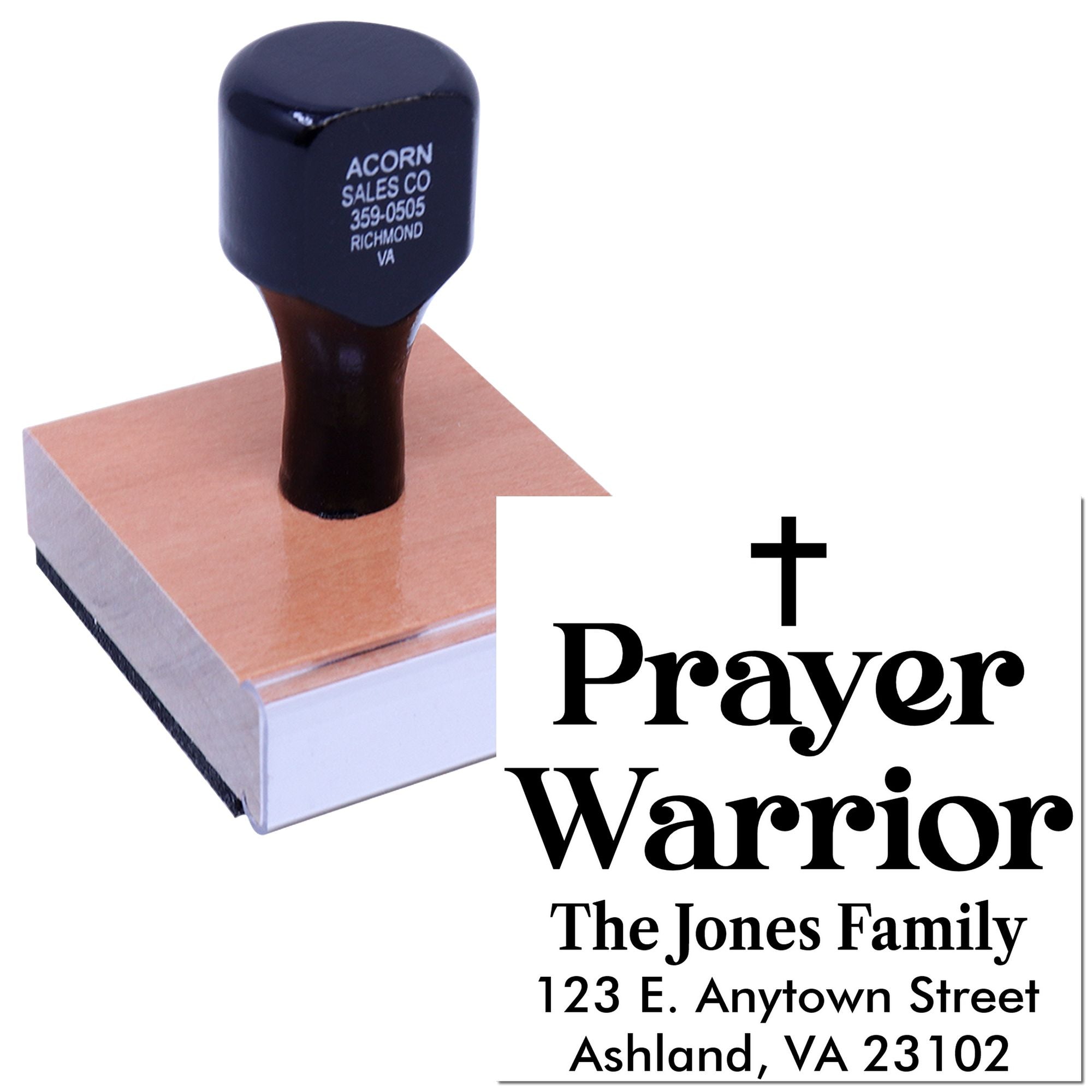 Custom Prayer Warrior rubber stamp with The Jones Family name and address