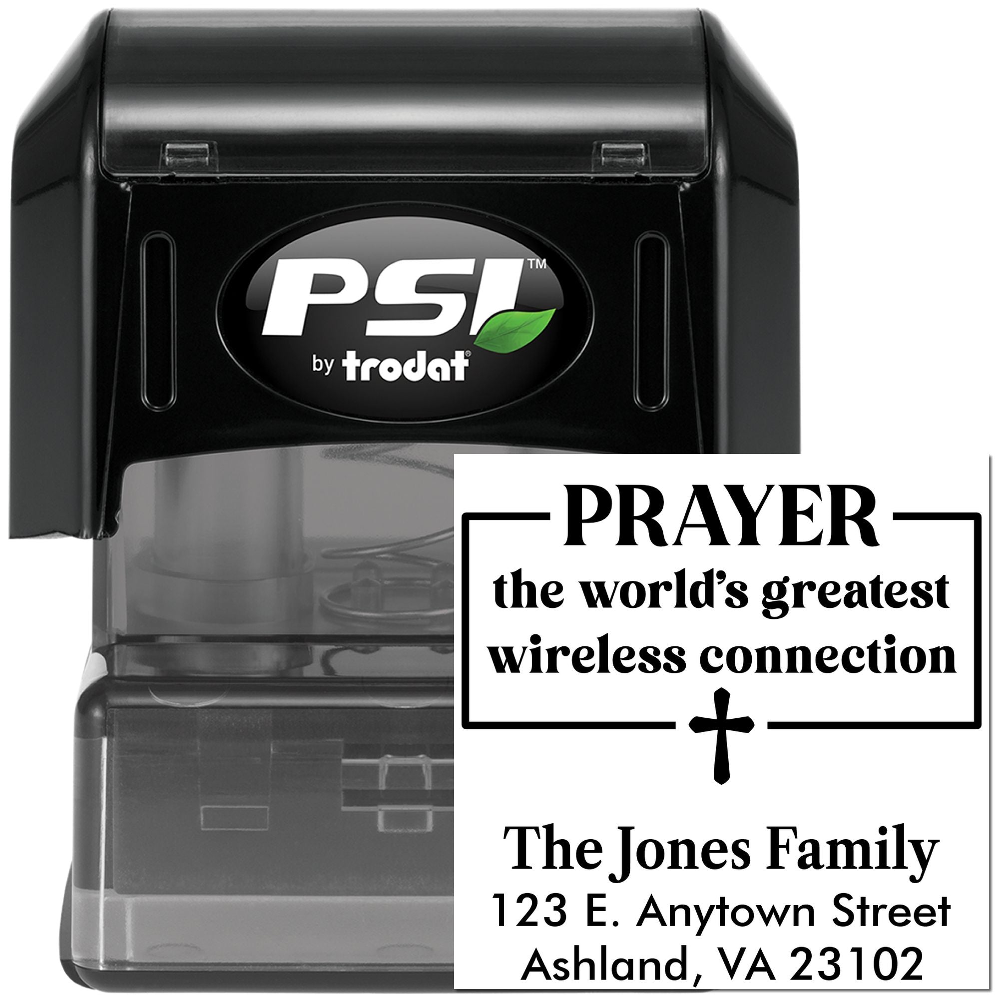 PSI by Trodat custom self-inking rubber stamp with prayer message and family address for faith-based mailings.
