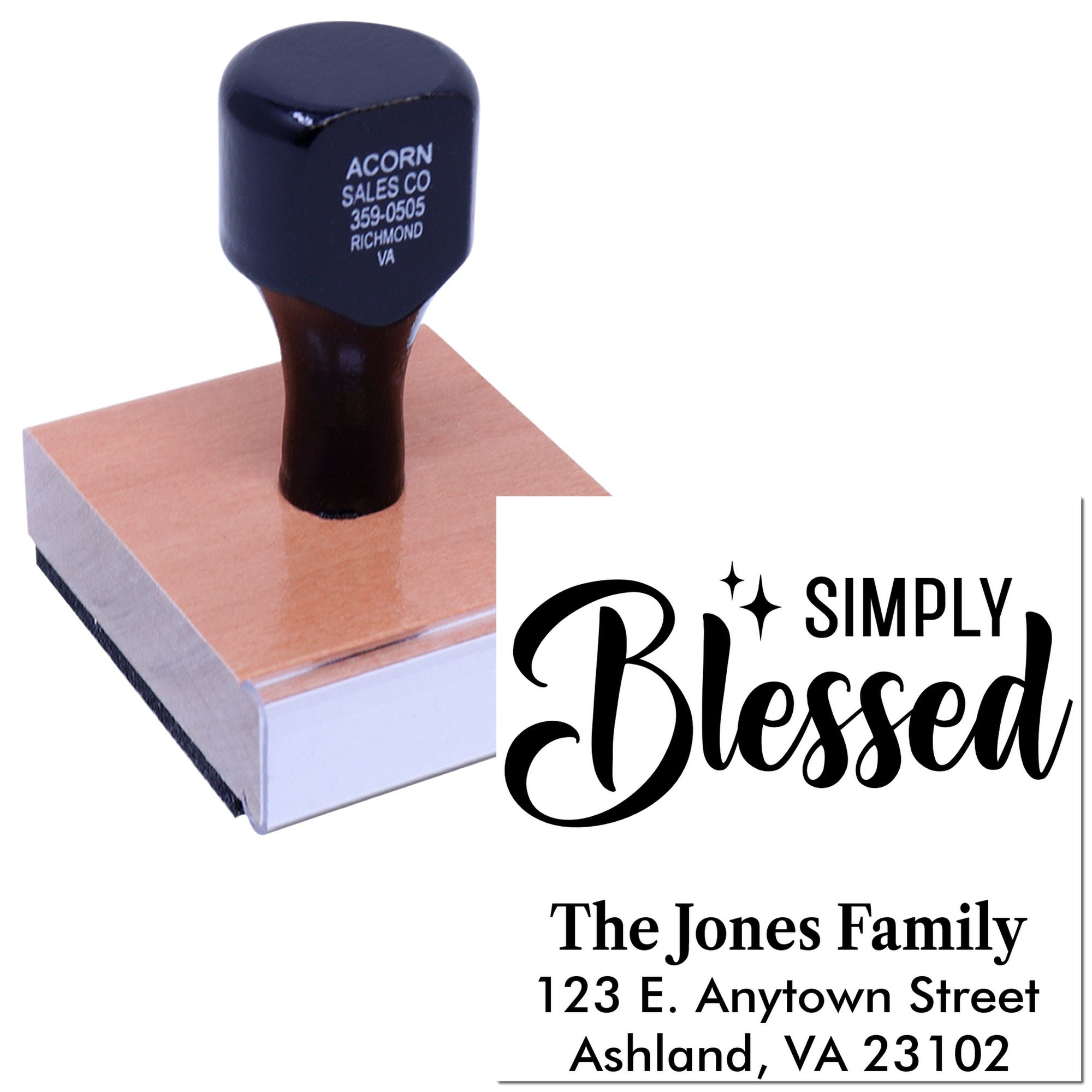 Custom return address rubber stamp with Simply Blessed design for personalized family stationery and envelopes.