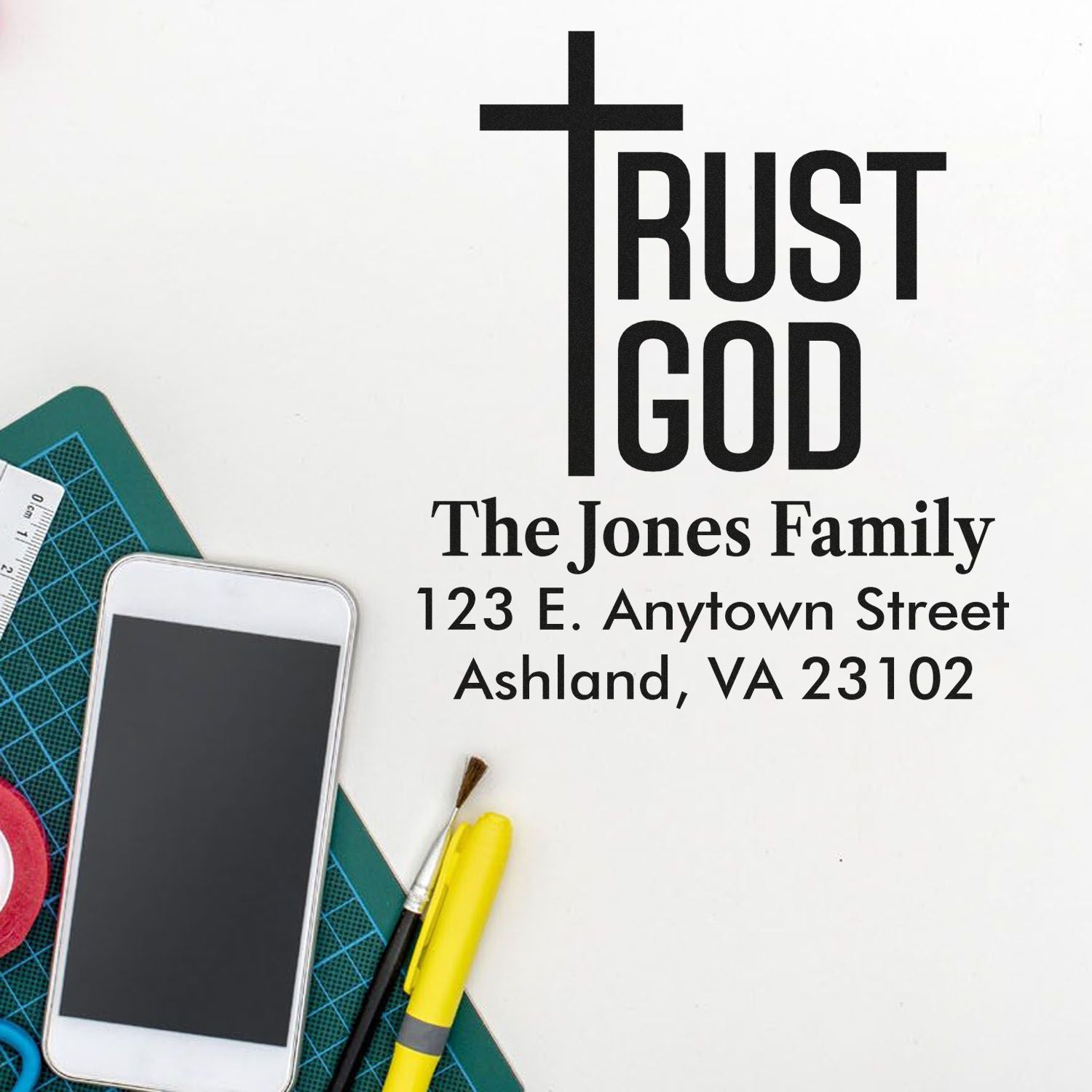 Custom Christian return address rubber stamp with Trust God design for The Jones Family, Ashland, VA 23102.
