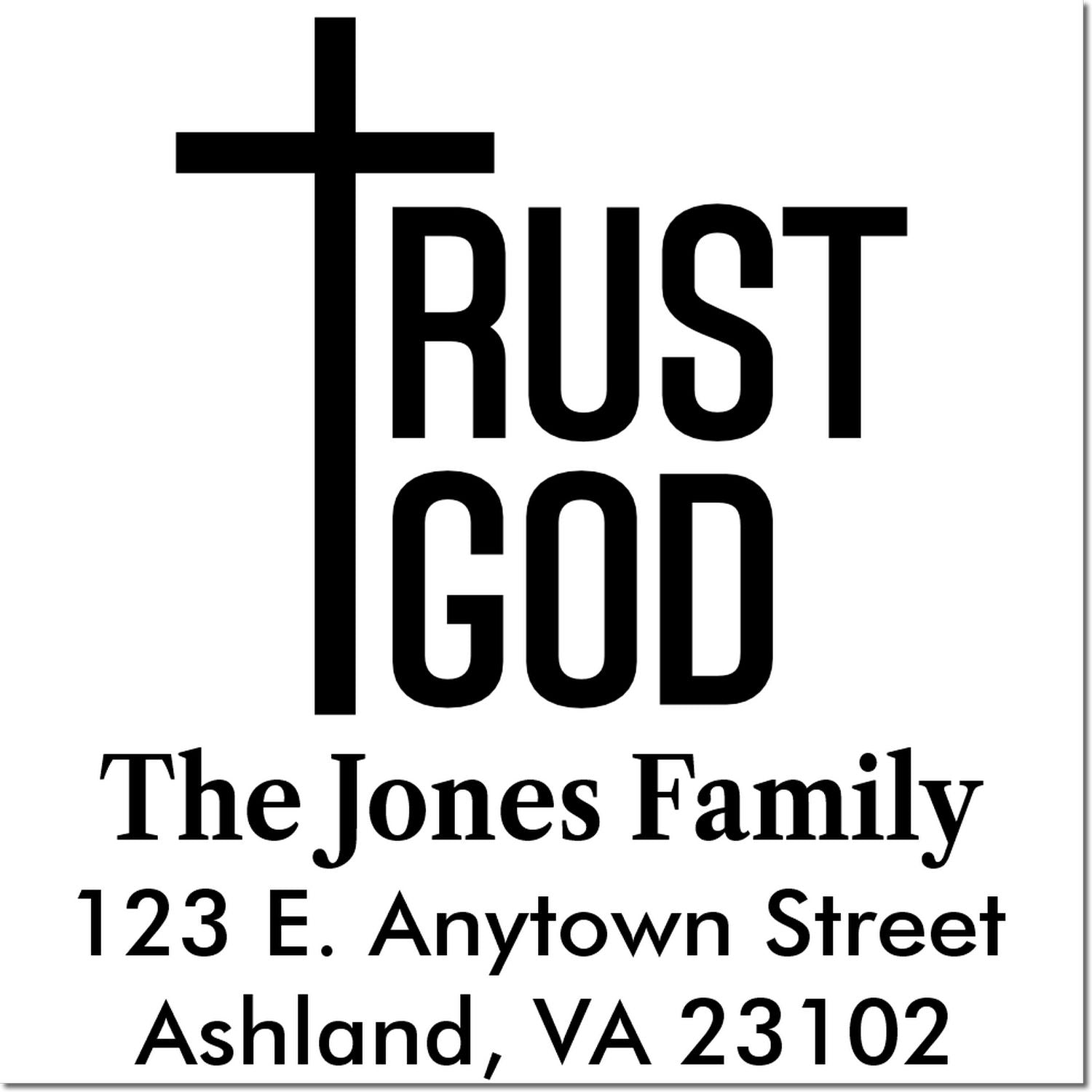 Custom Christian return address rubber stamp with Trust God cross design, family name, and mailing address for envelopes.