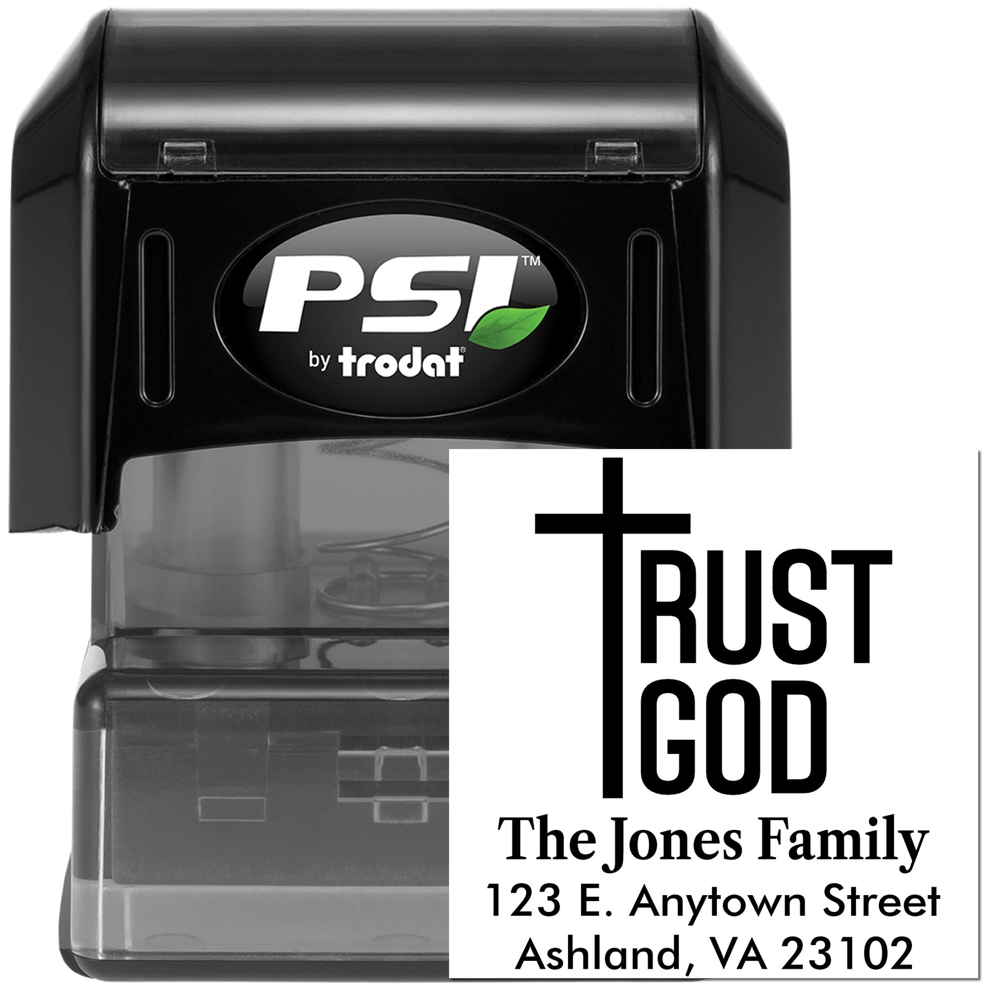 PSI by Trodat self-inking rubber stamp with custom Christian return address imprint featuring Trust God and family address.