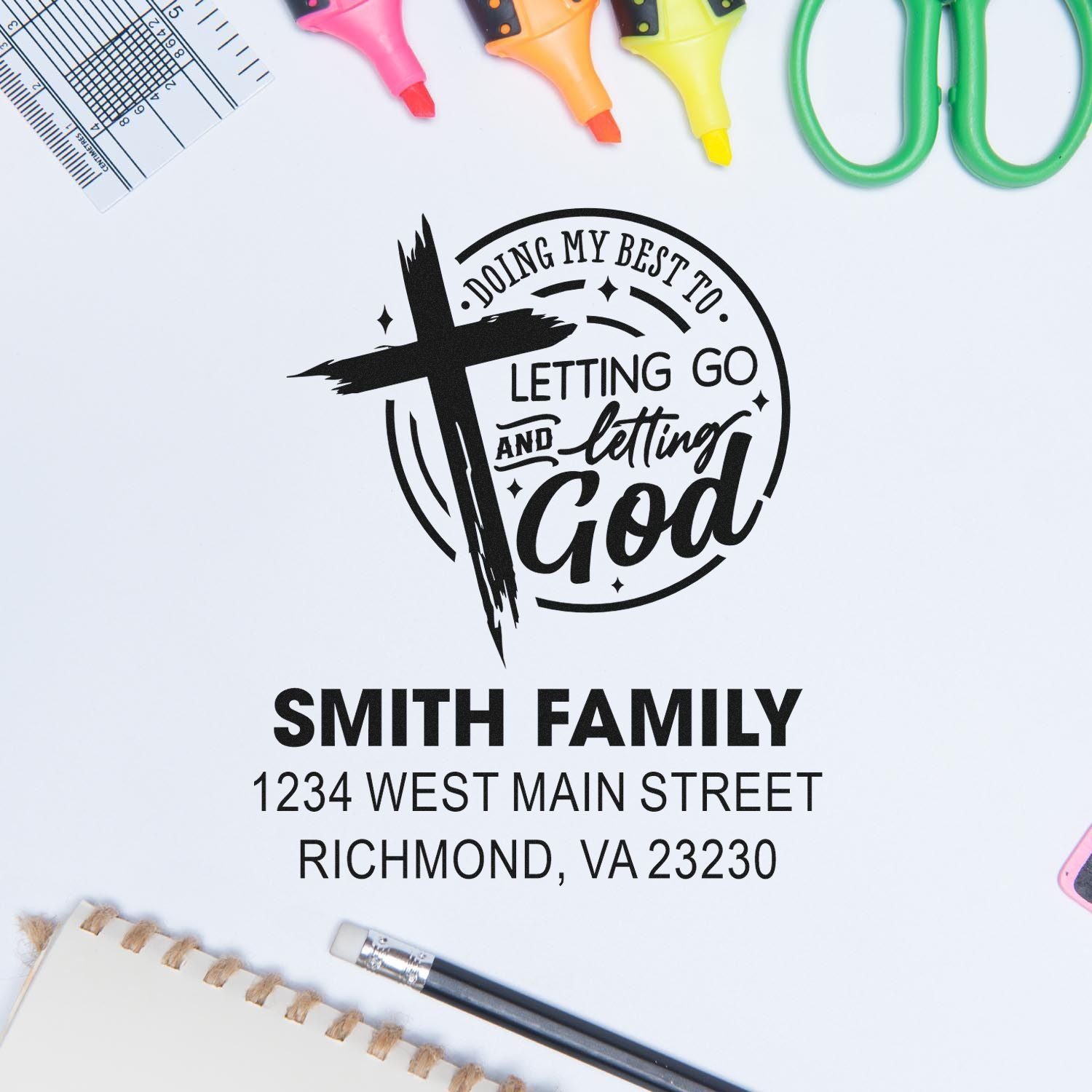 Personalized Christian return address rubber stamp for Smith Family with cross and Letting Go and Letting God design.