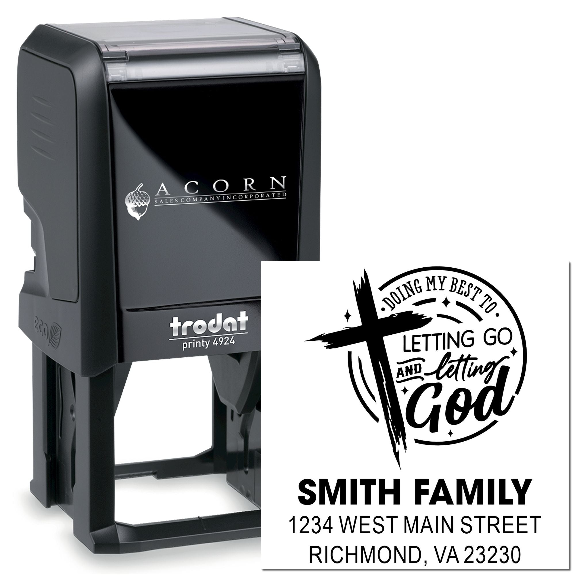 Custom self-inking rubber stamp with family address design and Christian quote, ideal for personalized mailing and return addresses.