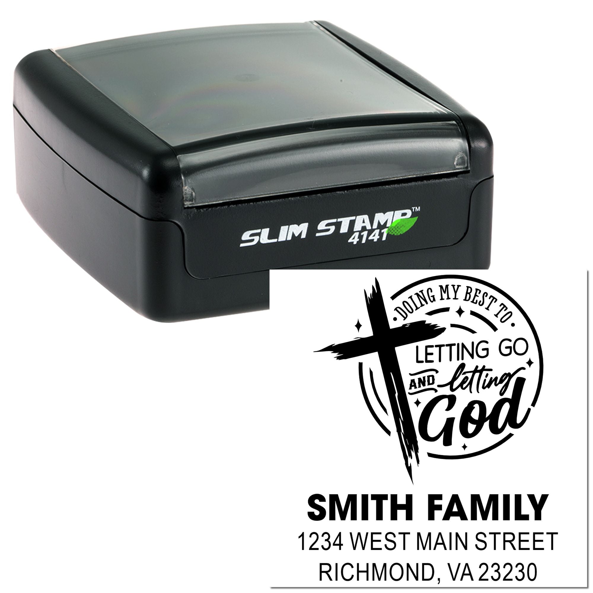 Custom self-inking address rubber stamp with family name, inspirational quote, and Richmond, VA return address.