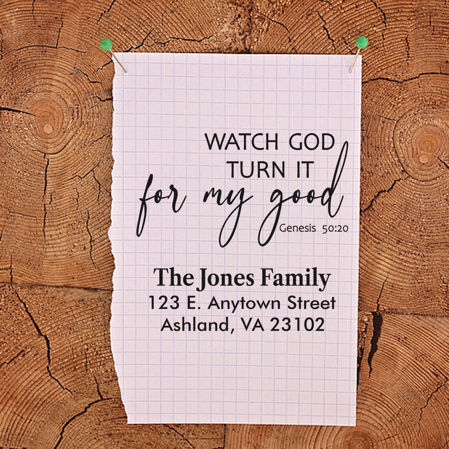 Personalized Christian address rubber stamp with Genesis 50:20 verse, The Jones Family name, and mailing address.