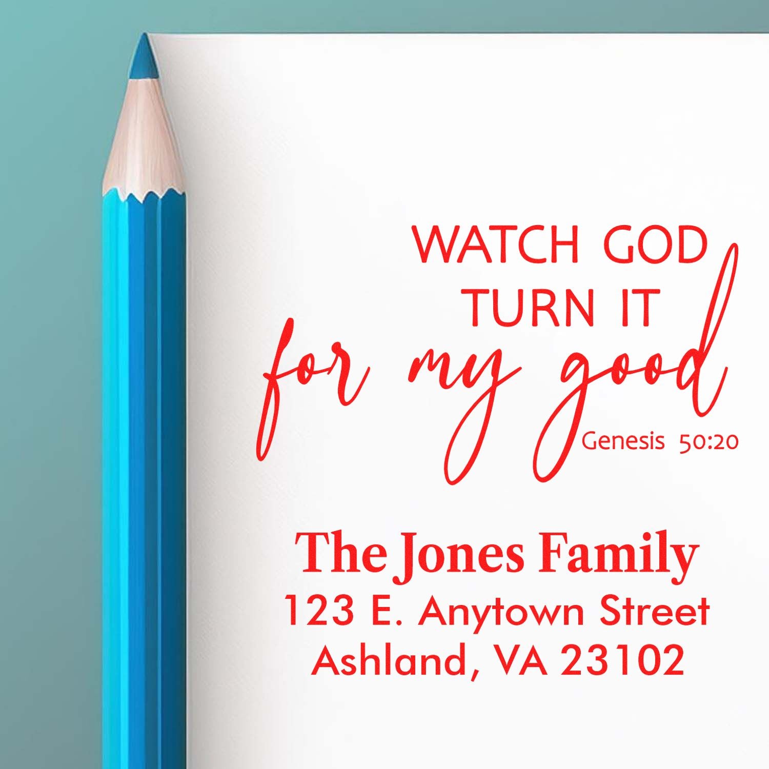 Personalized Christian return address rubber stamp with Genesis 50:20 Bible verse and family name for faith-based mailings